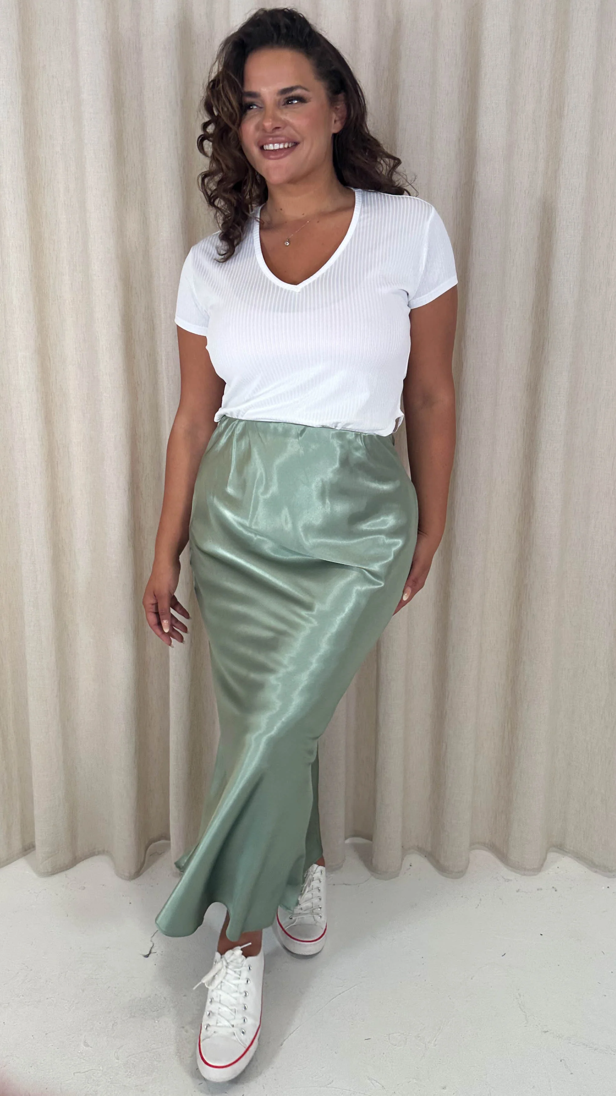 CurveWow Satin Midi Skirt Sage - Image 3