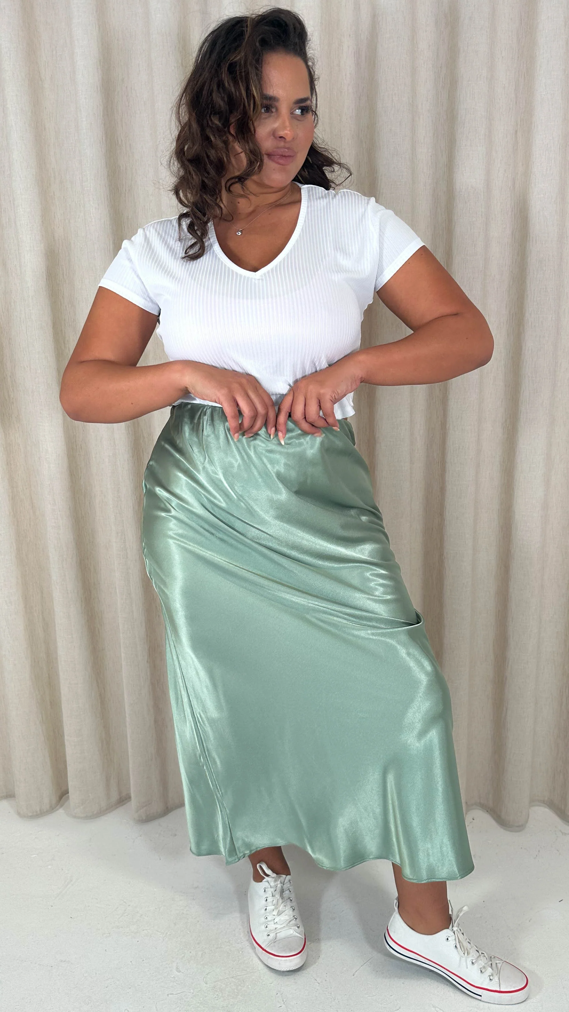 CurveWow Satin Midi Skirt Sage - Image 4
