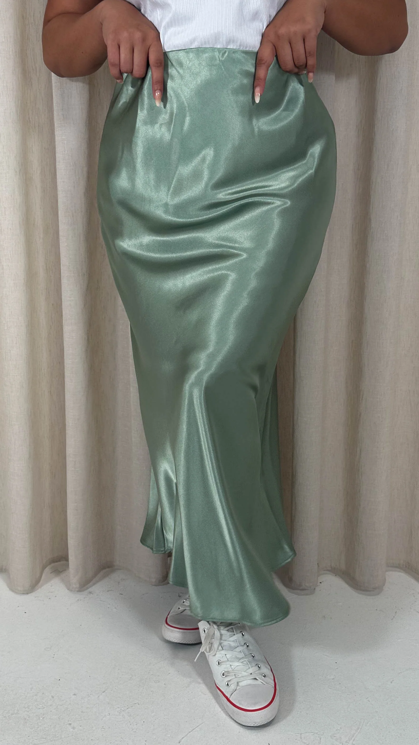 CurveWow Satin Midi Skirt Sage - Image 5