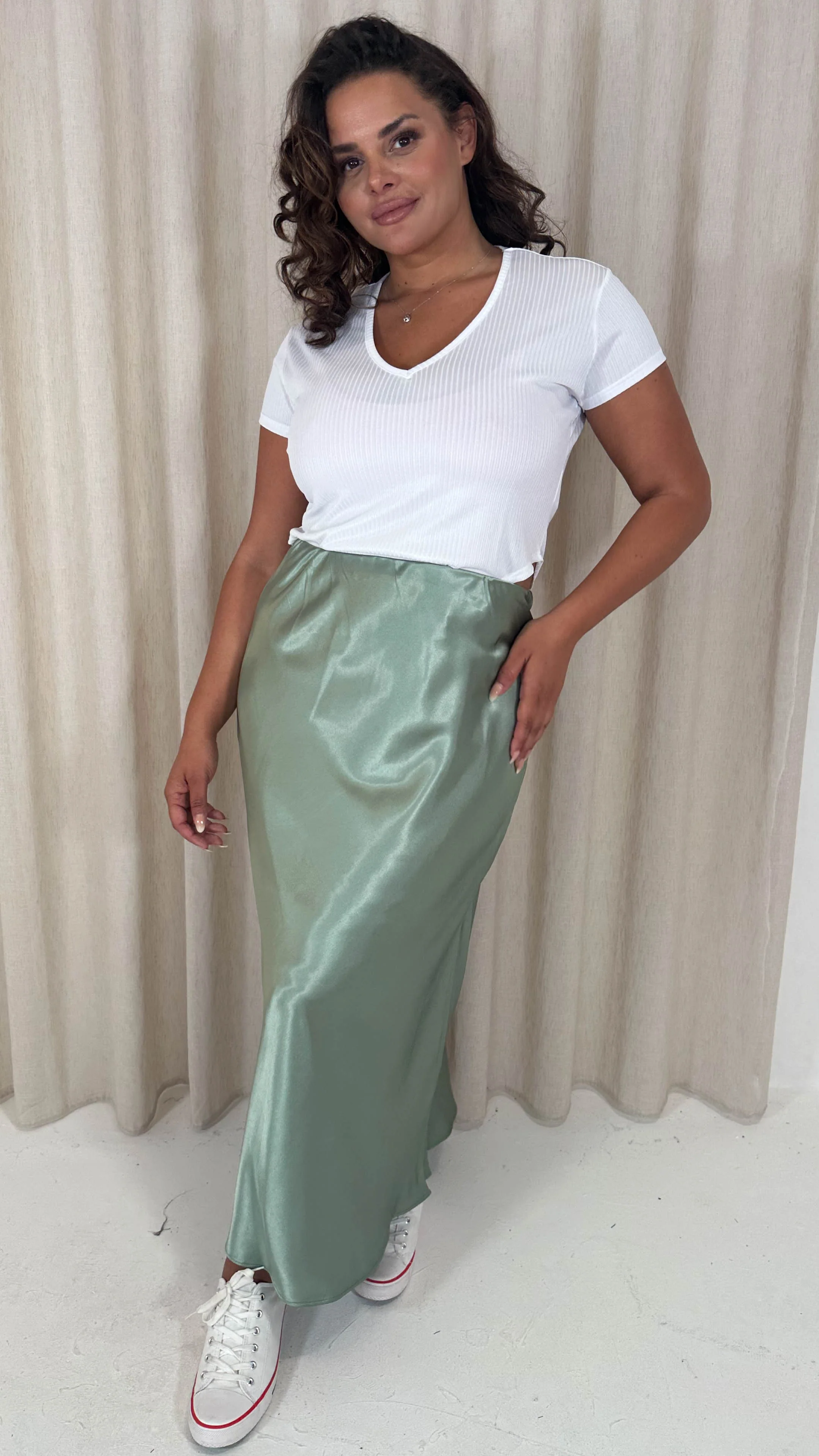 CurveWow Satin Midi Skirt Sage - Image 6
