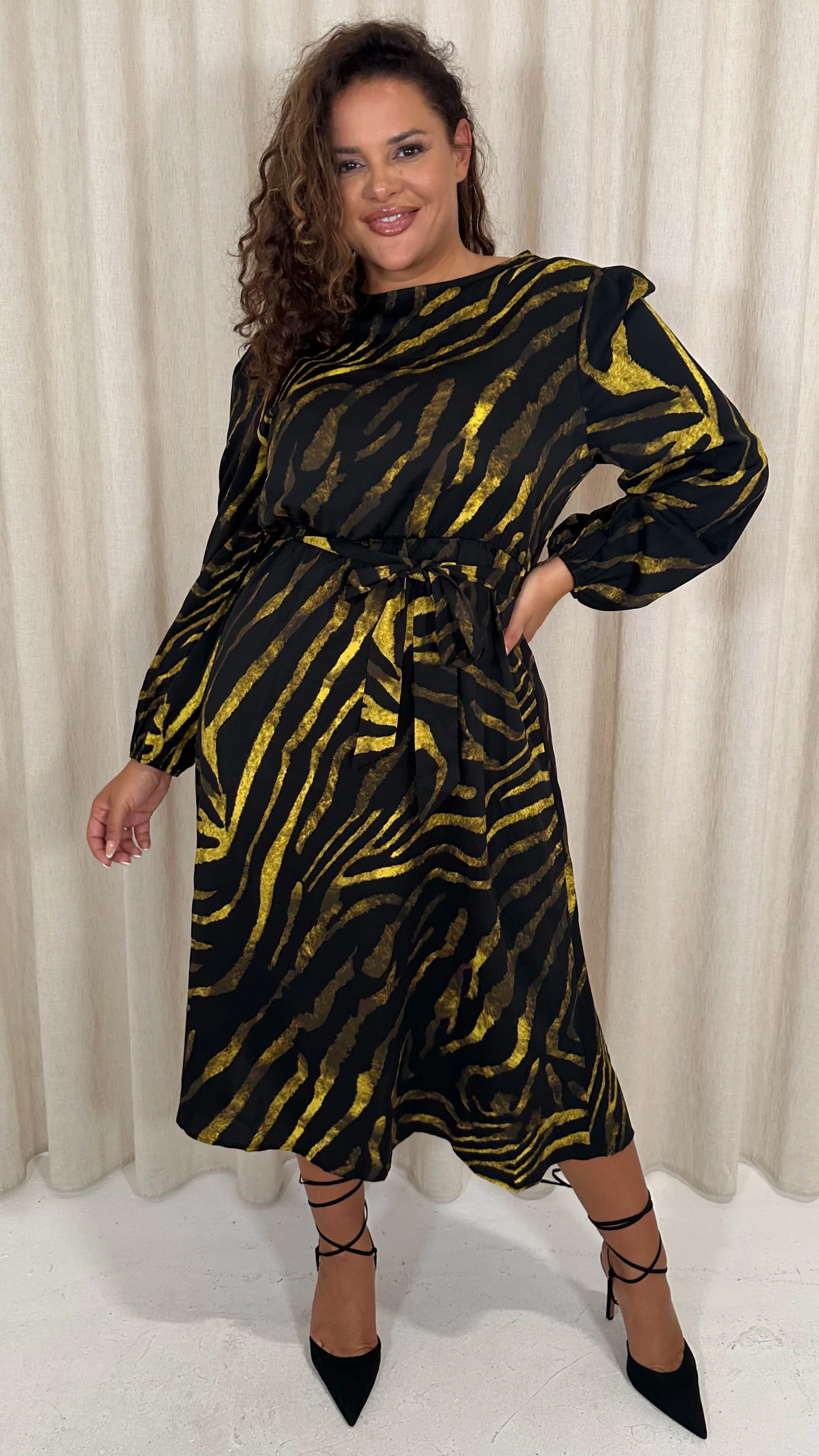 CurveWow Satin Tie Waist Midi Dress Black & Yellow Zebra - Image 3