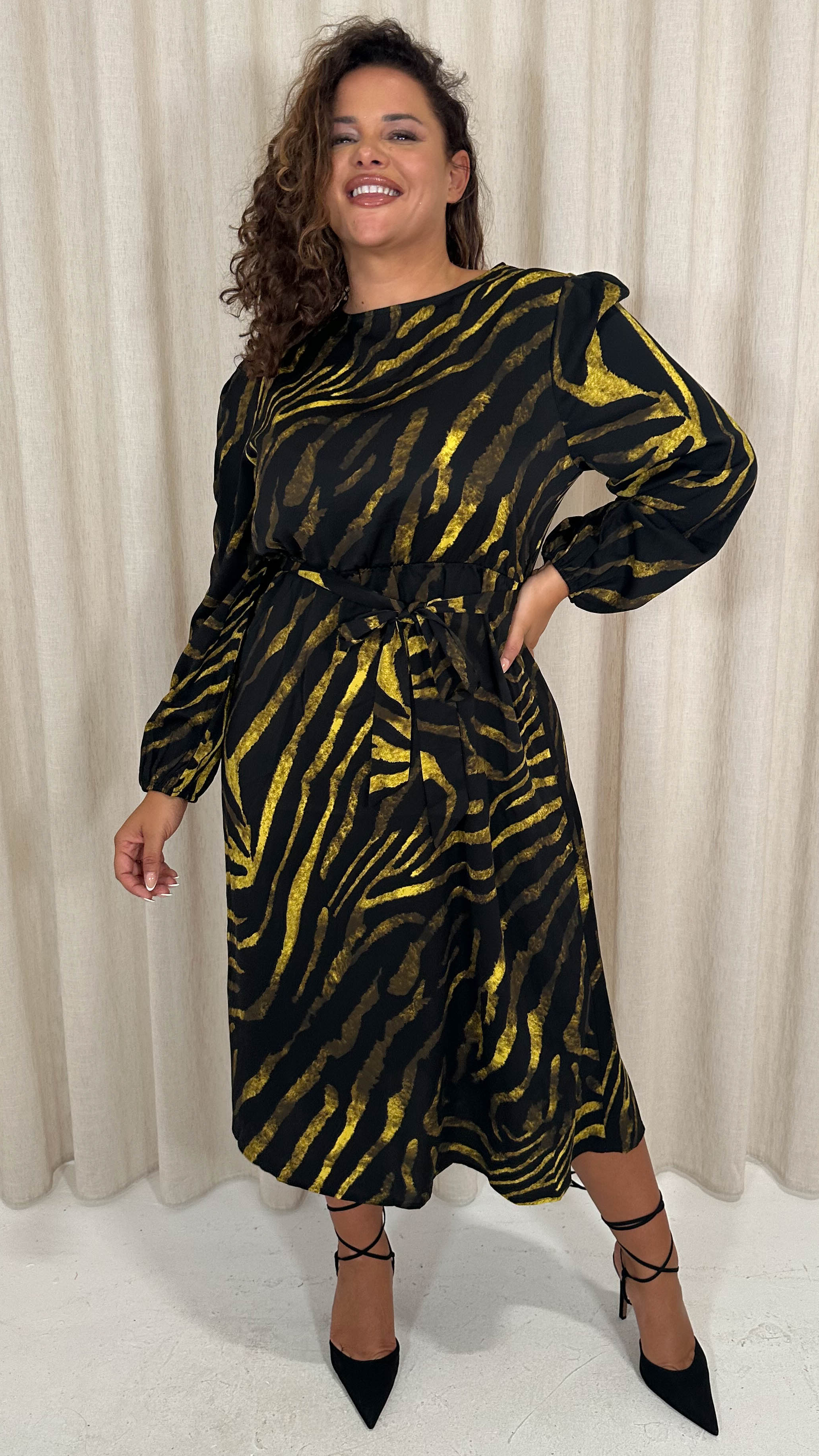 CurveWow Satin Tie Waist Midi Dress Black & Yellow Zebra - Image 4