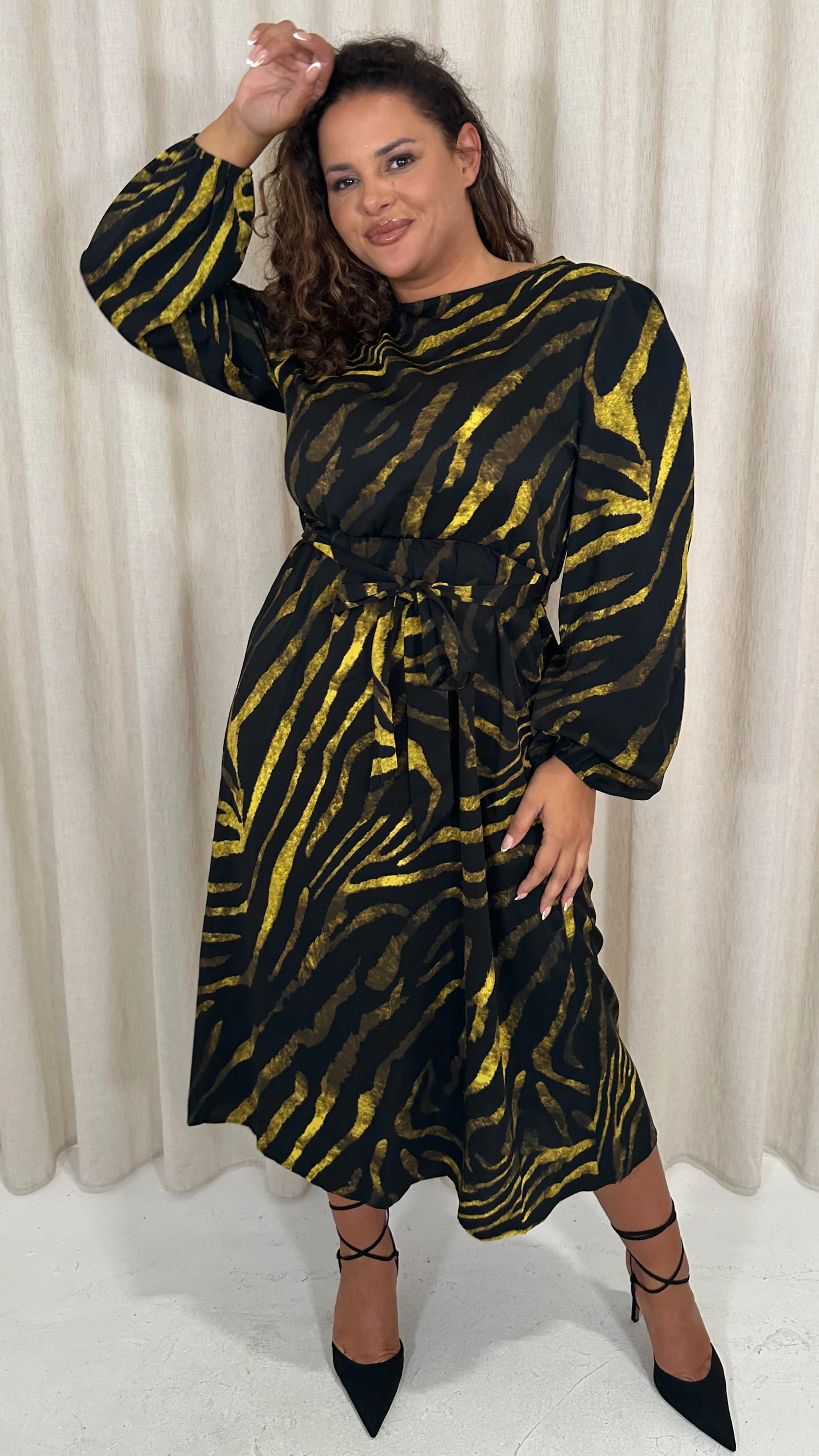 CurveWow Satin Tie Waist Midi Dress Black & Yellow Zebra - Image 5