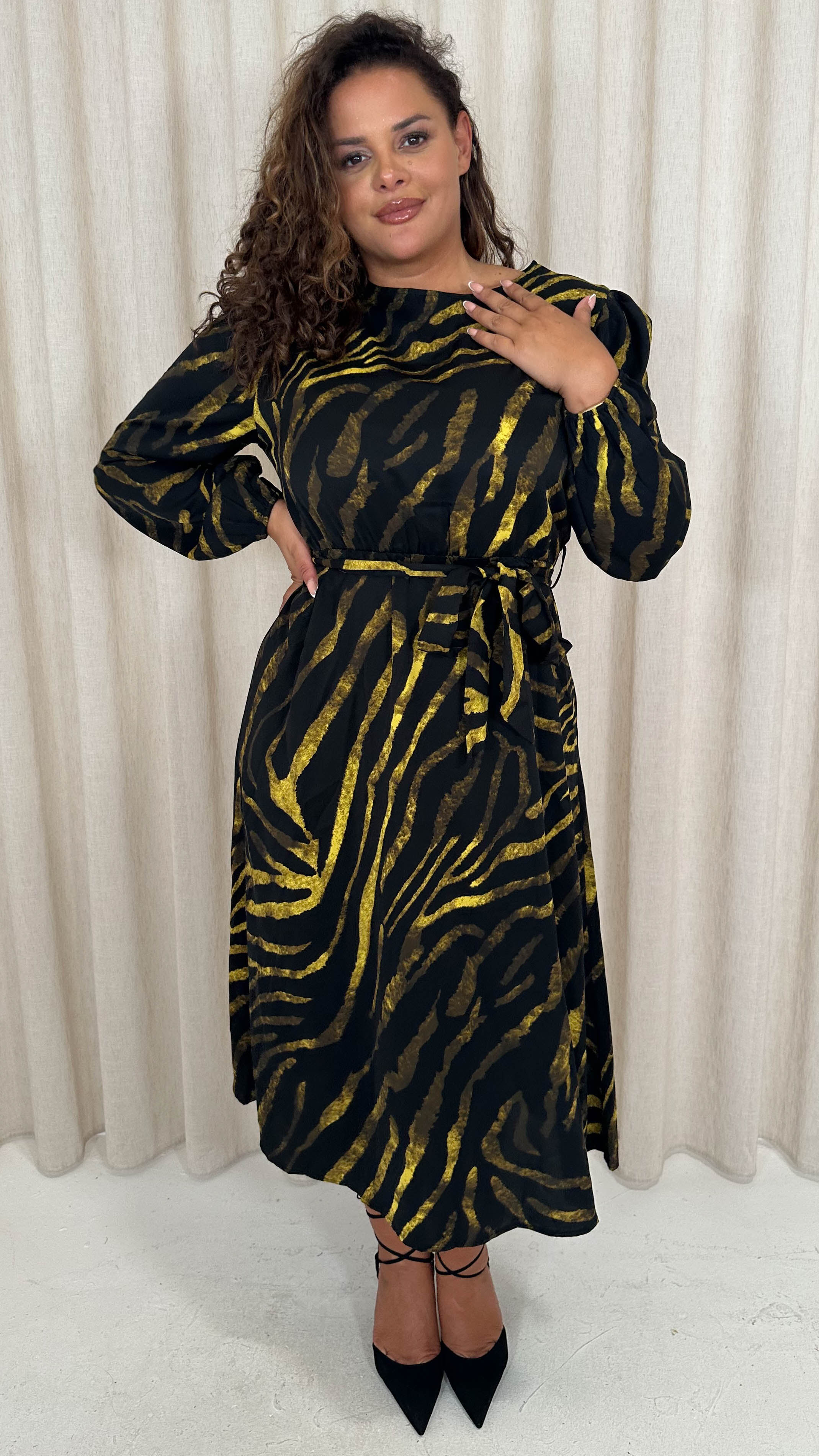 CurveWow Satin Tie Waist Midi Dress Black & Yellow Zebra - Image 6