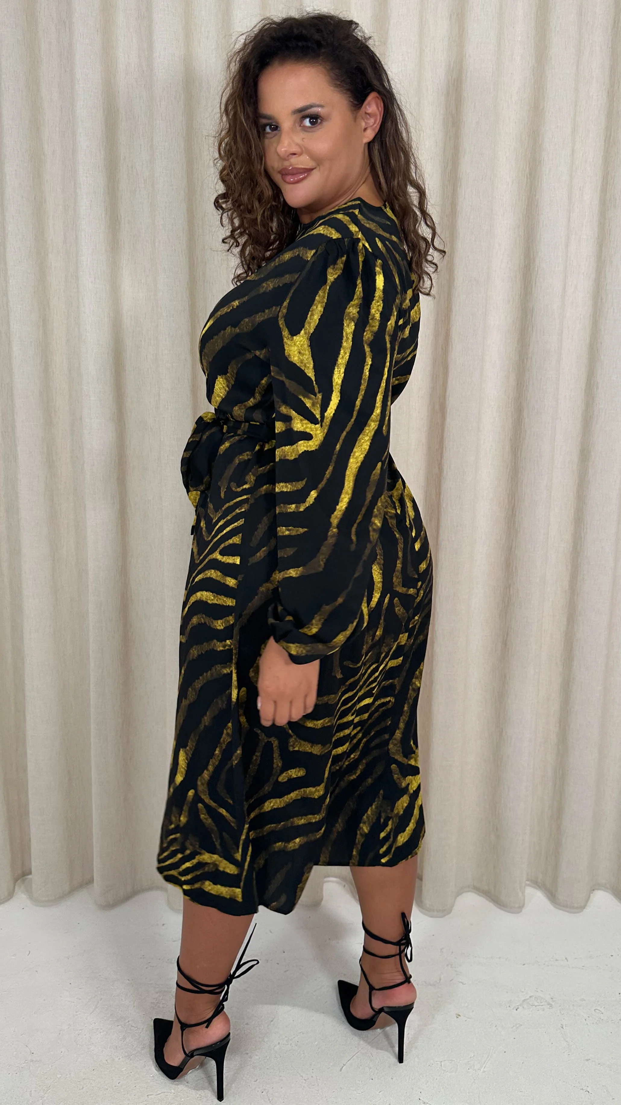 CurveWow Satin Tie Waist Midi Dress Black & Yellow Zebra - Image 7