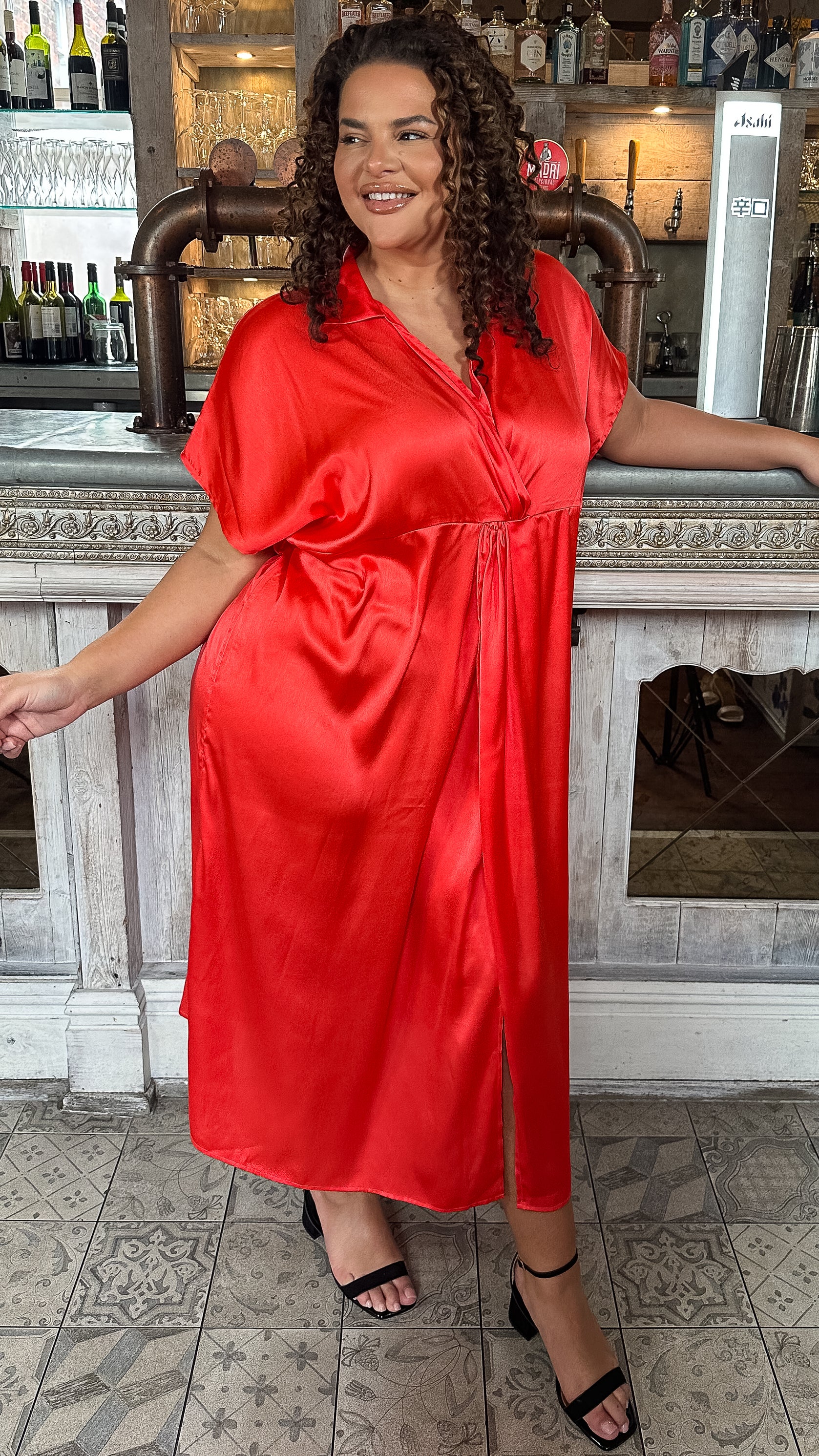 CurveWow Satin Twist Collared Dress Red - Image 2