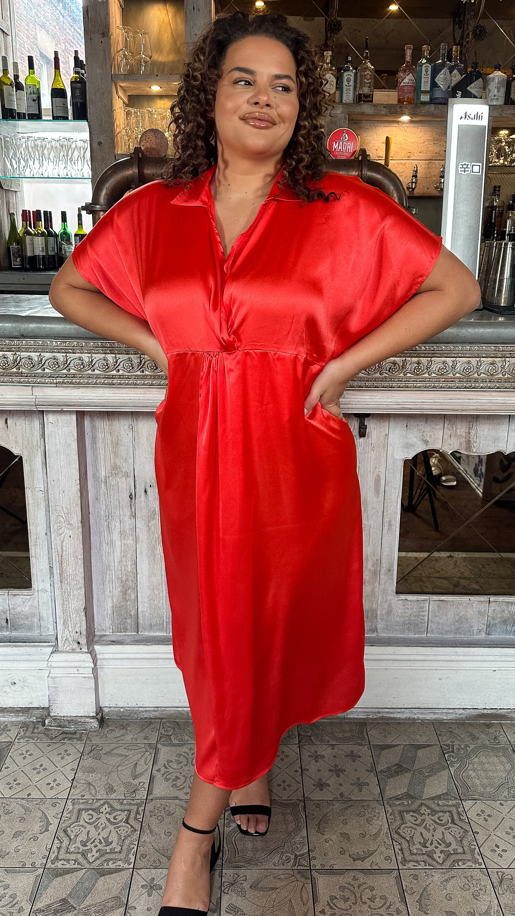 CurveWow Satin Twist Collared Dress Red - Image 3