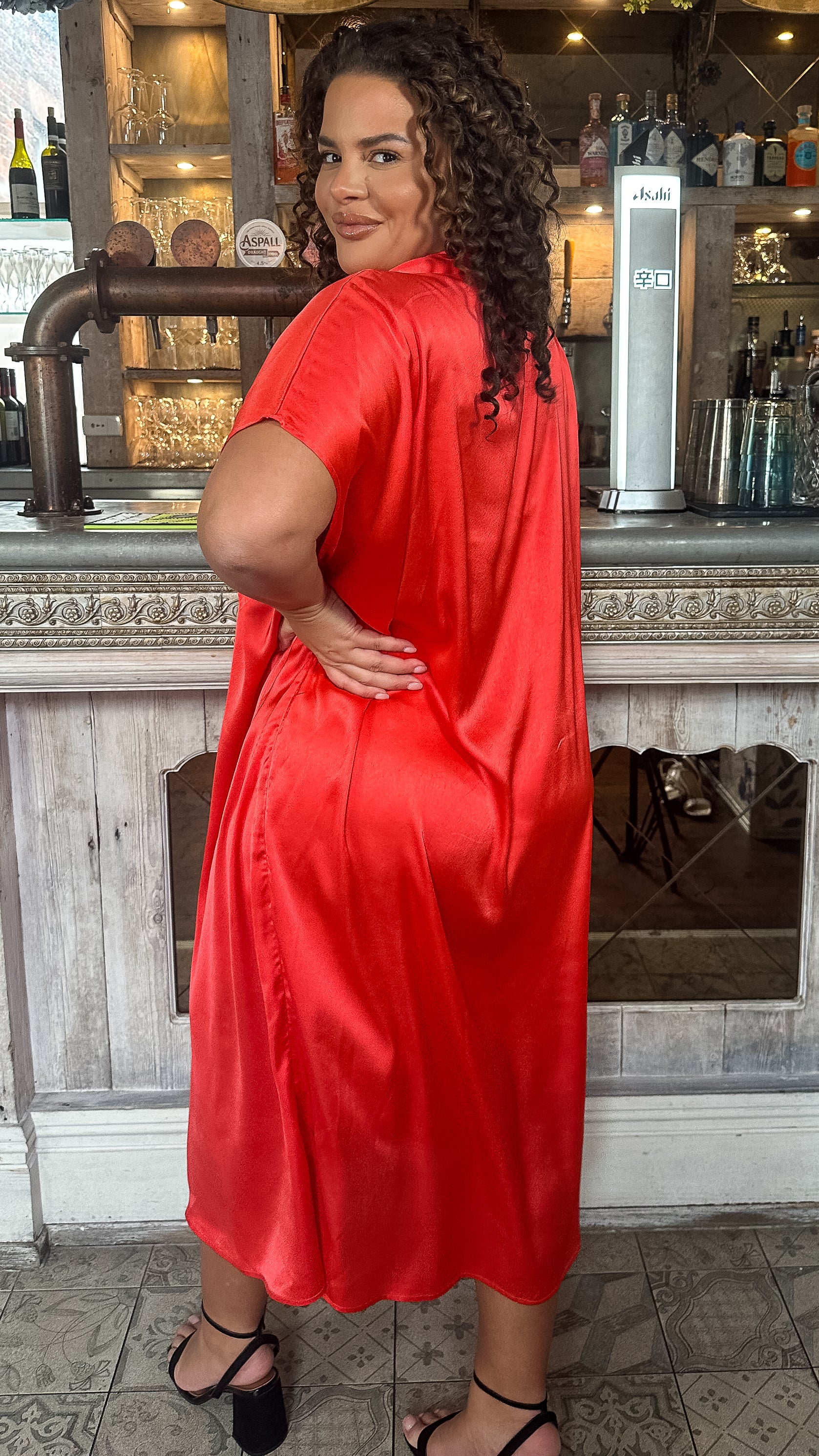 CurveWow Satin Twist Collared Dress Red - Image 5