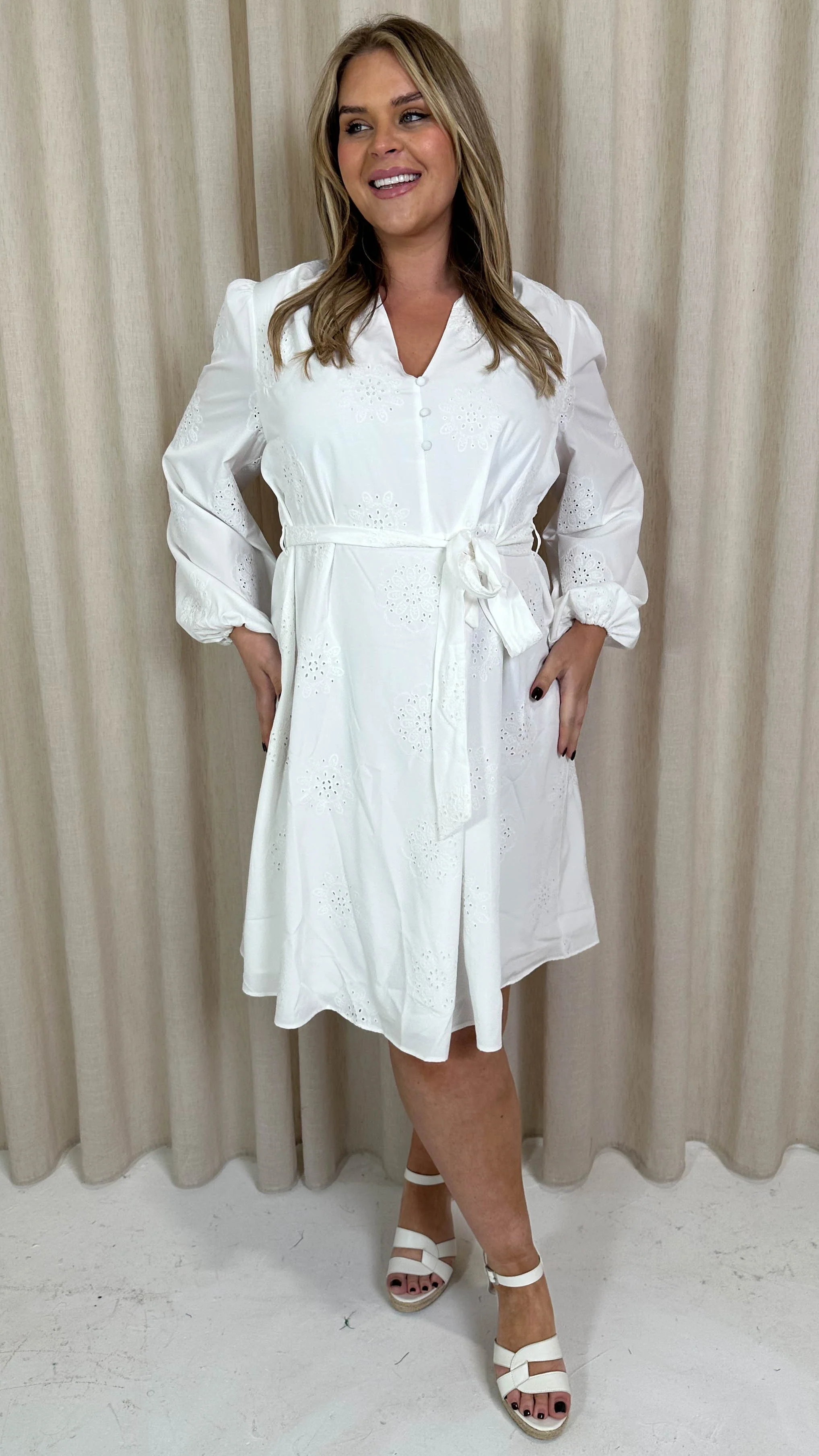CurveWow Schiffli Embroidered Mini Dress White - Image 7