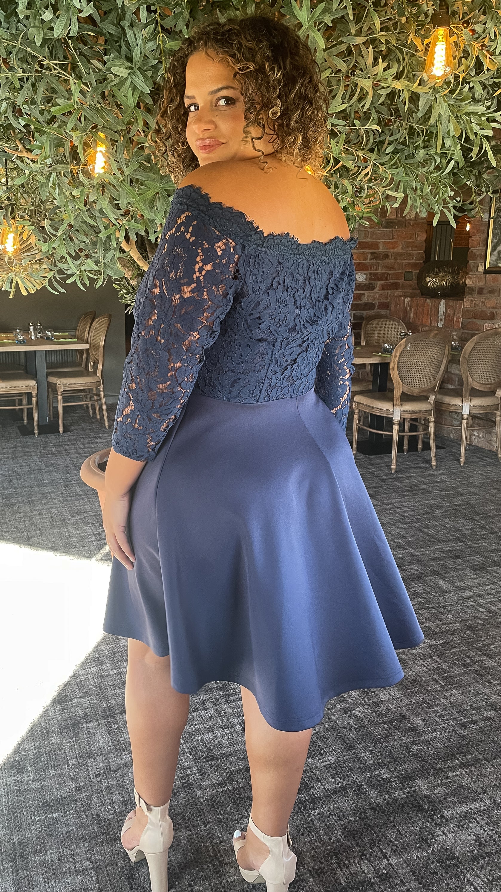 CurveWow Scuba Lace Bardot Dress Navy - Image 7