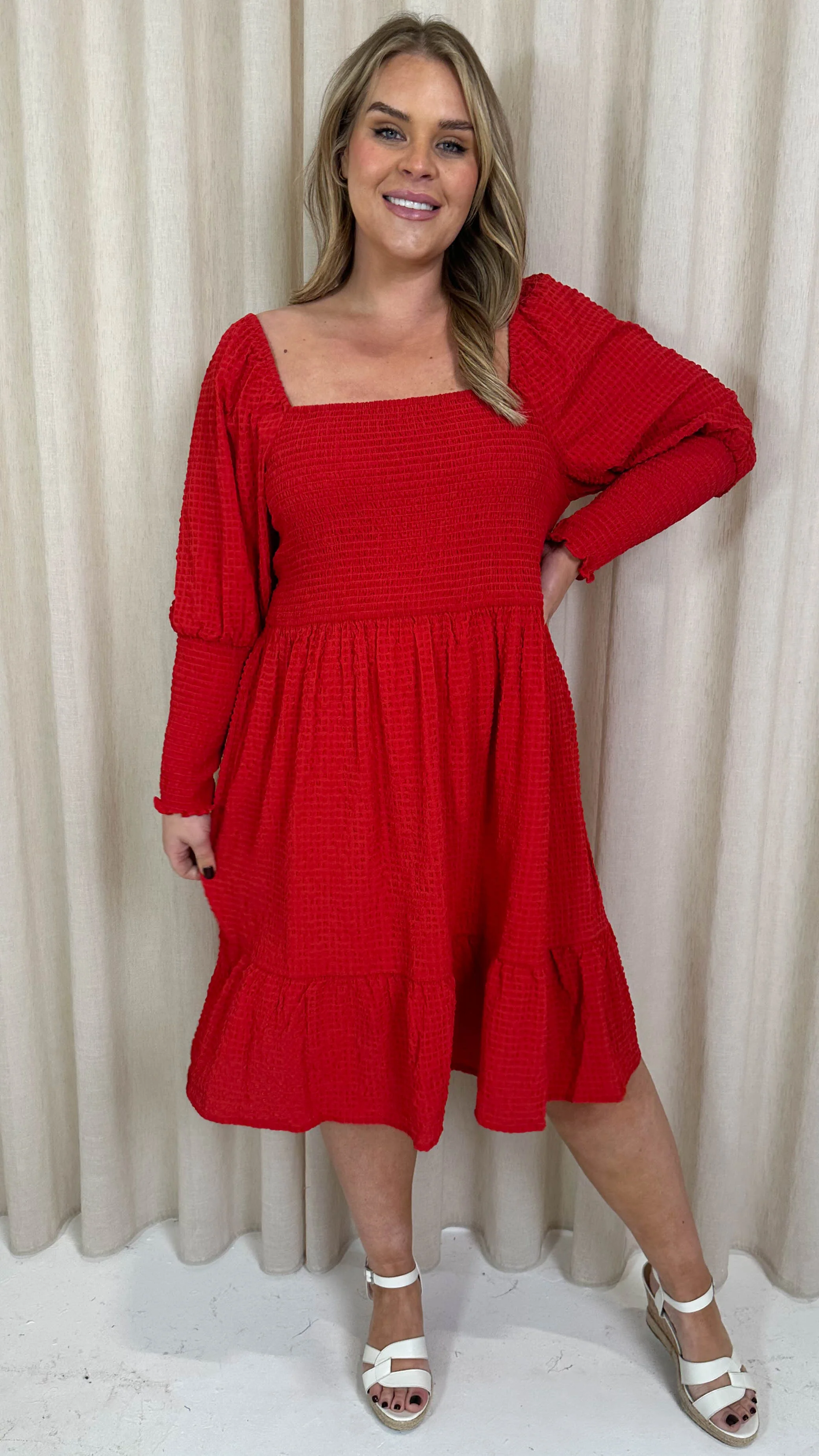 CurveWow Seersucker Puff Sleeve Dress Bright Red - Image 6