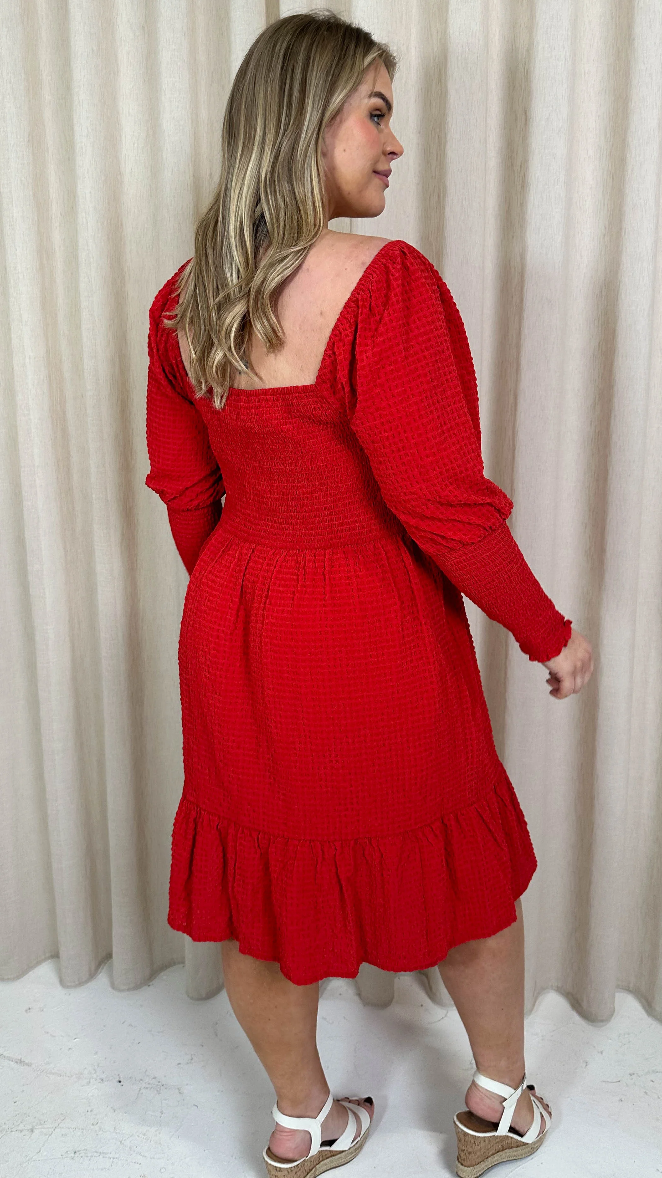 CurveWow Seersucker Puff Sleeve Dress Bright Red - Image 8
