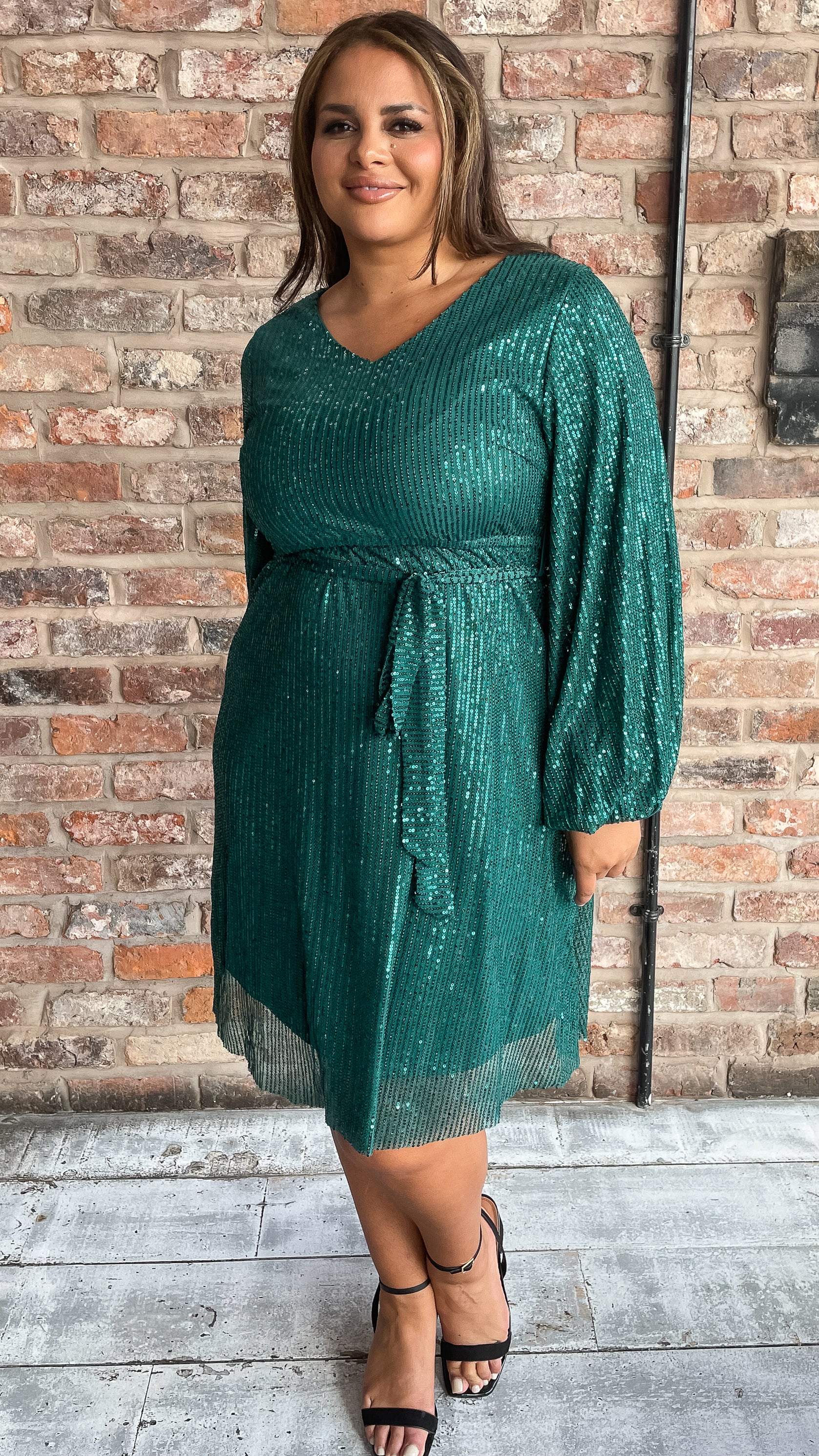 CurveWow Sequin Dress Bottle Green - Image 7