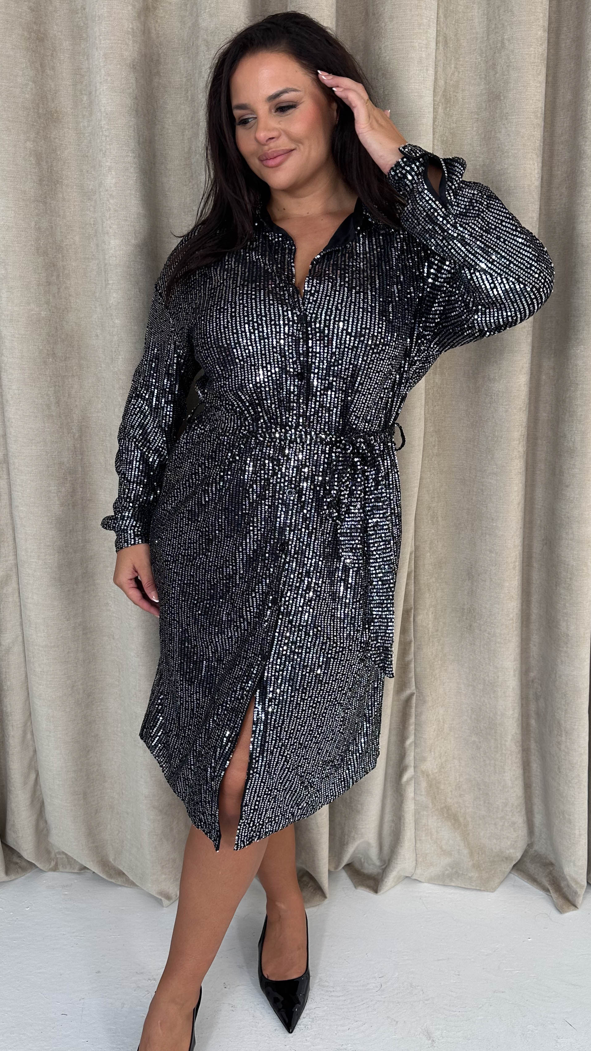 CurveWow Sequin Midi Tie Waist Shirt Dress Silver - Image 3