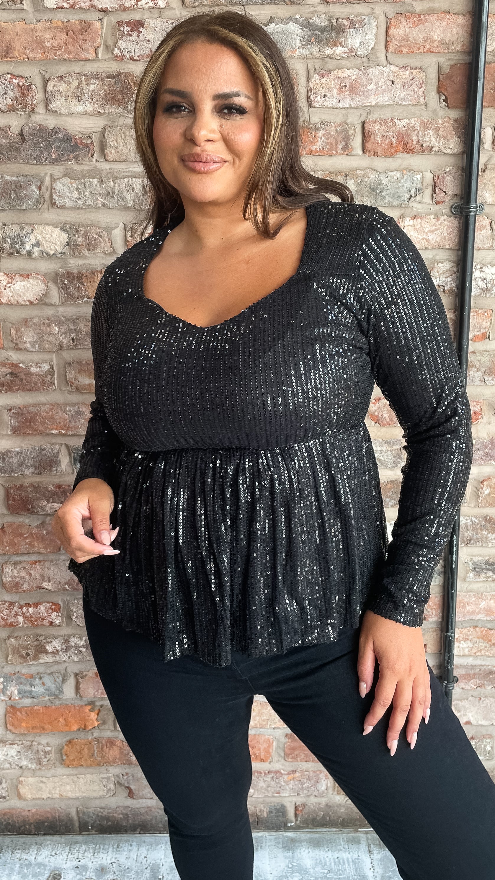 CurveWow Sequin Sweetheart Peplum Top Black - Image 7