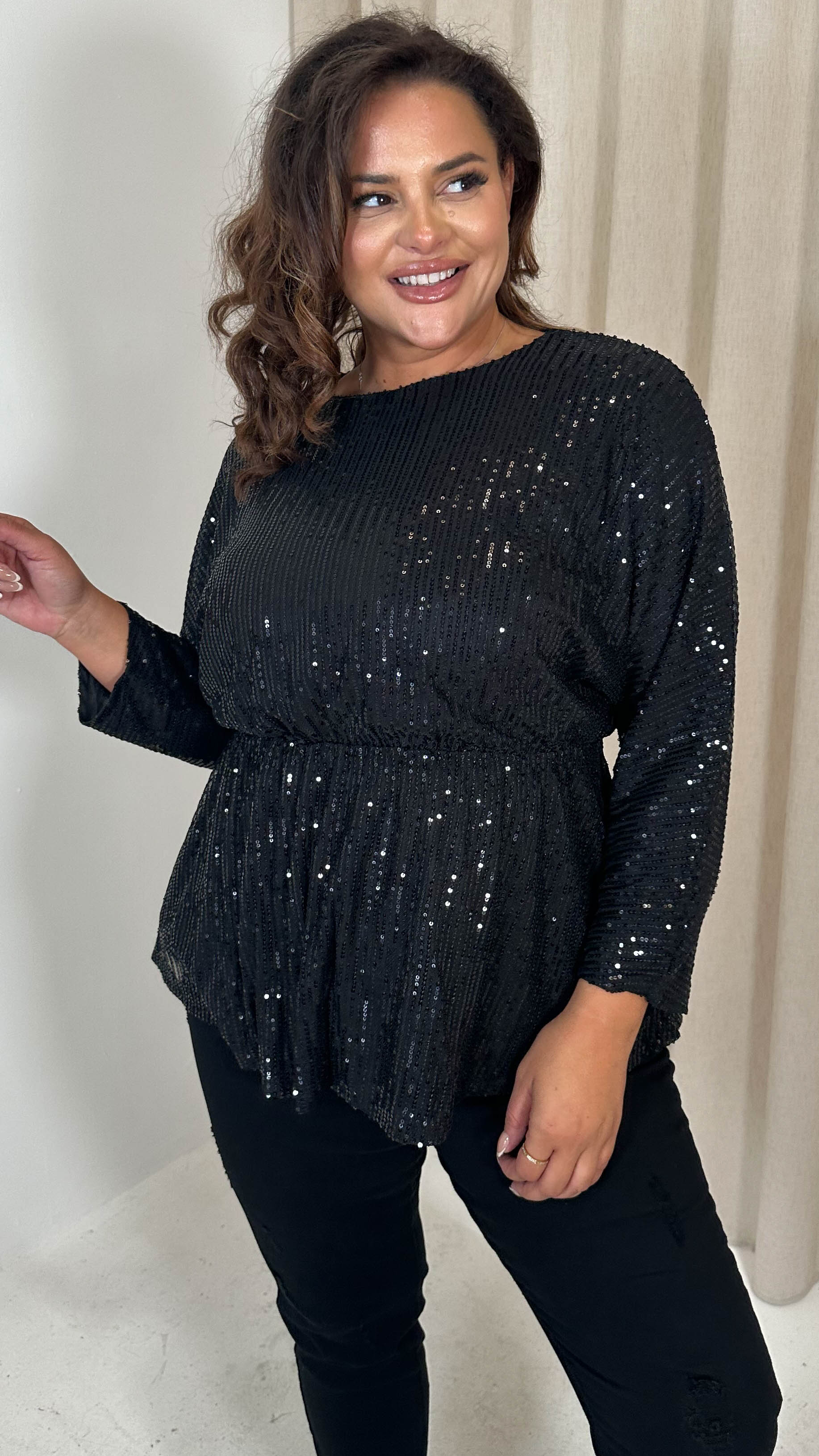 CurveWow Sequin Tunic Long Sleeve Top Black - Image 2