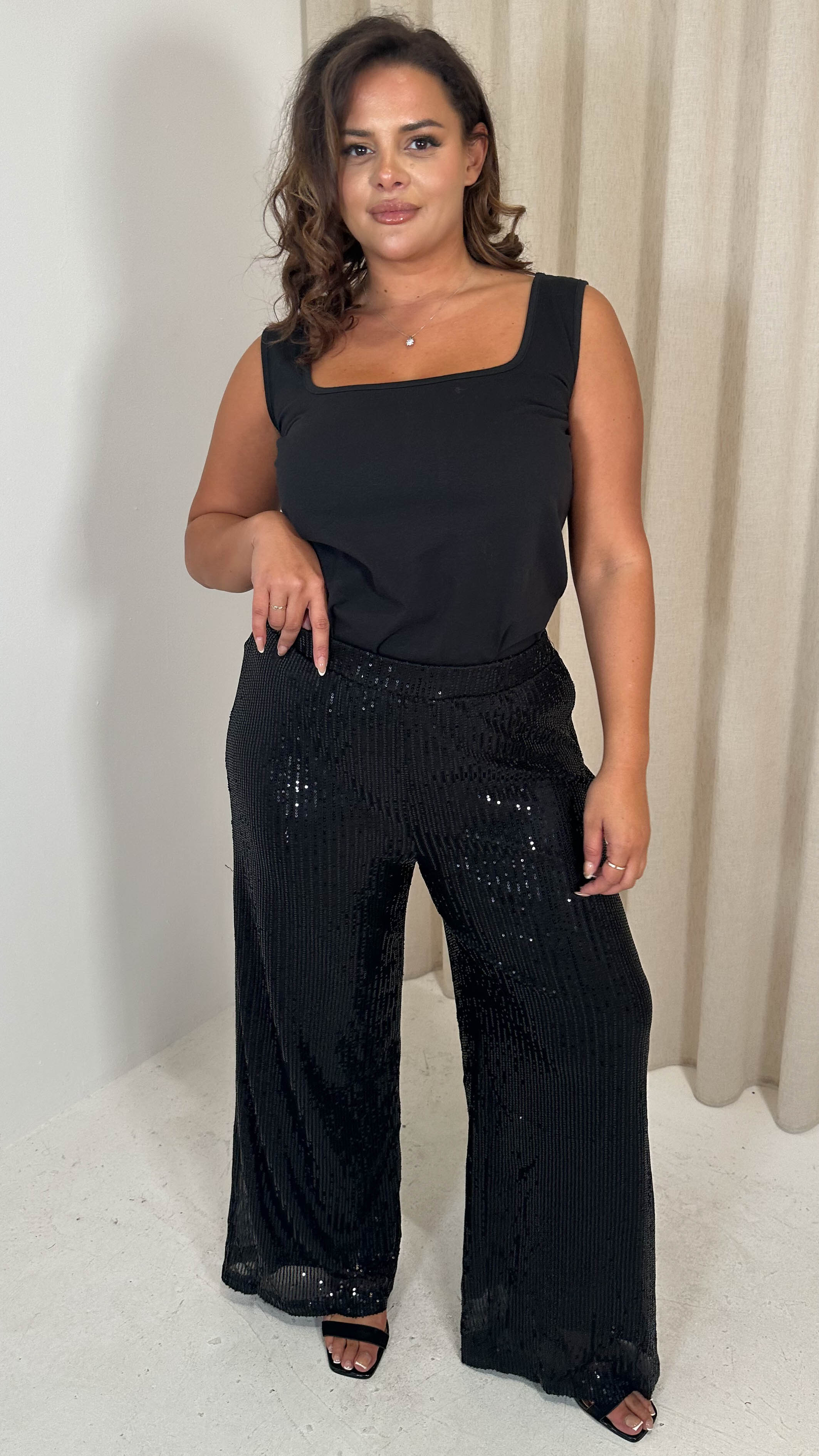 CurveWow Sequin Wide Leg Trouser Black - Image 2