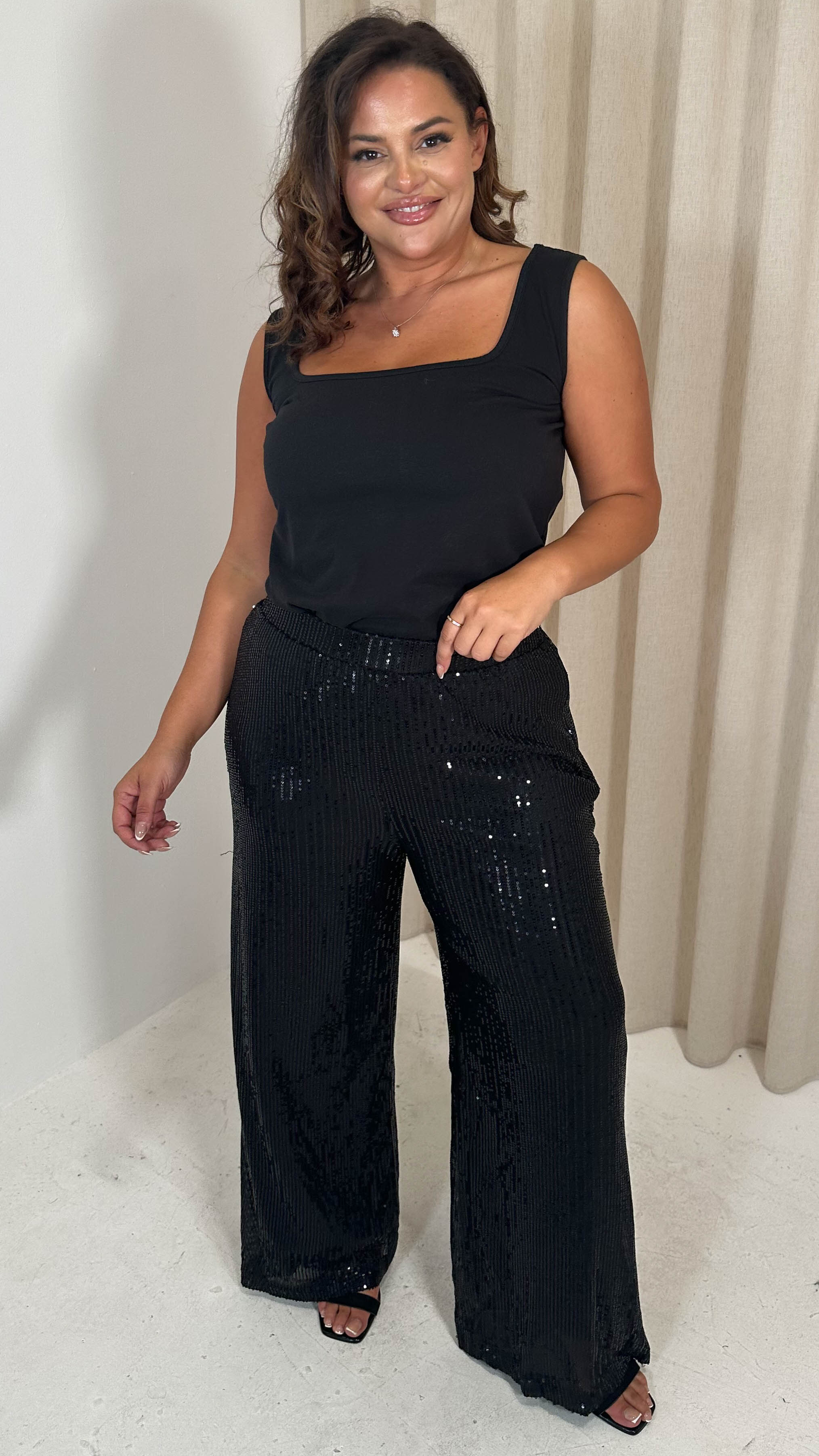 CurveWow Sequin Wide Leg Trouser Black - Image 3
