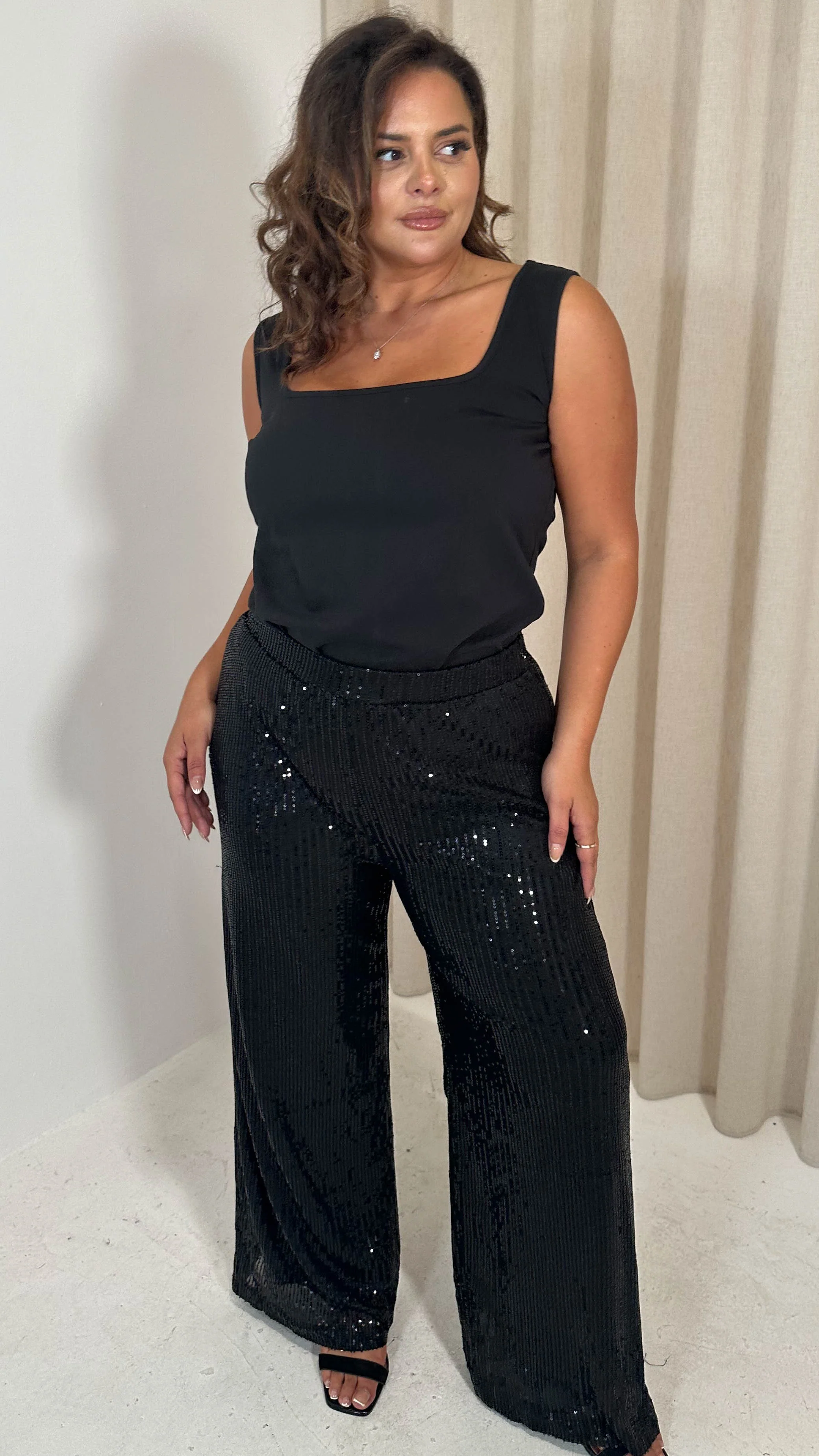 CurveWow Sequin Wide Leg Trouser Black - Image 4
