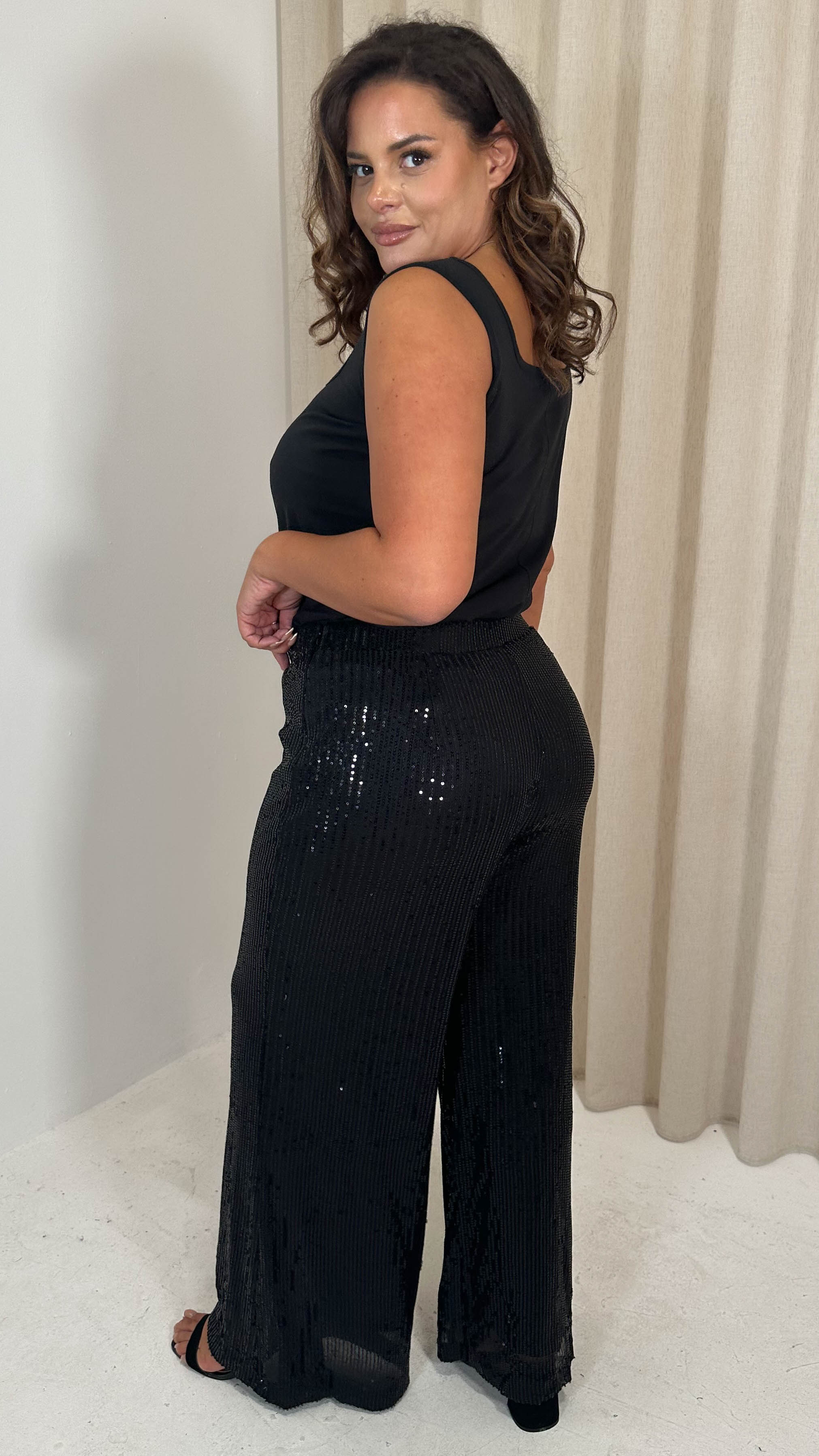 CurveWow Sequin Wide Leg Trouser Black - Image 6