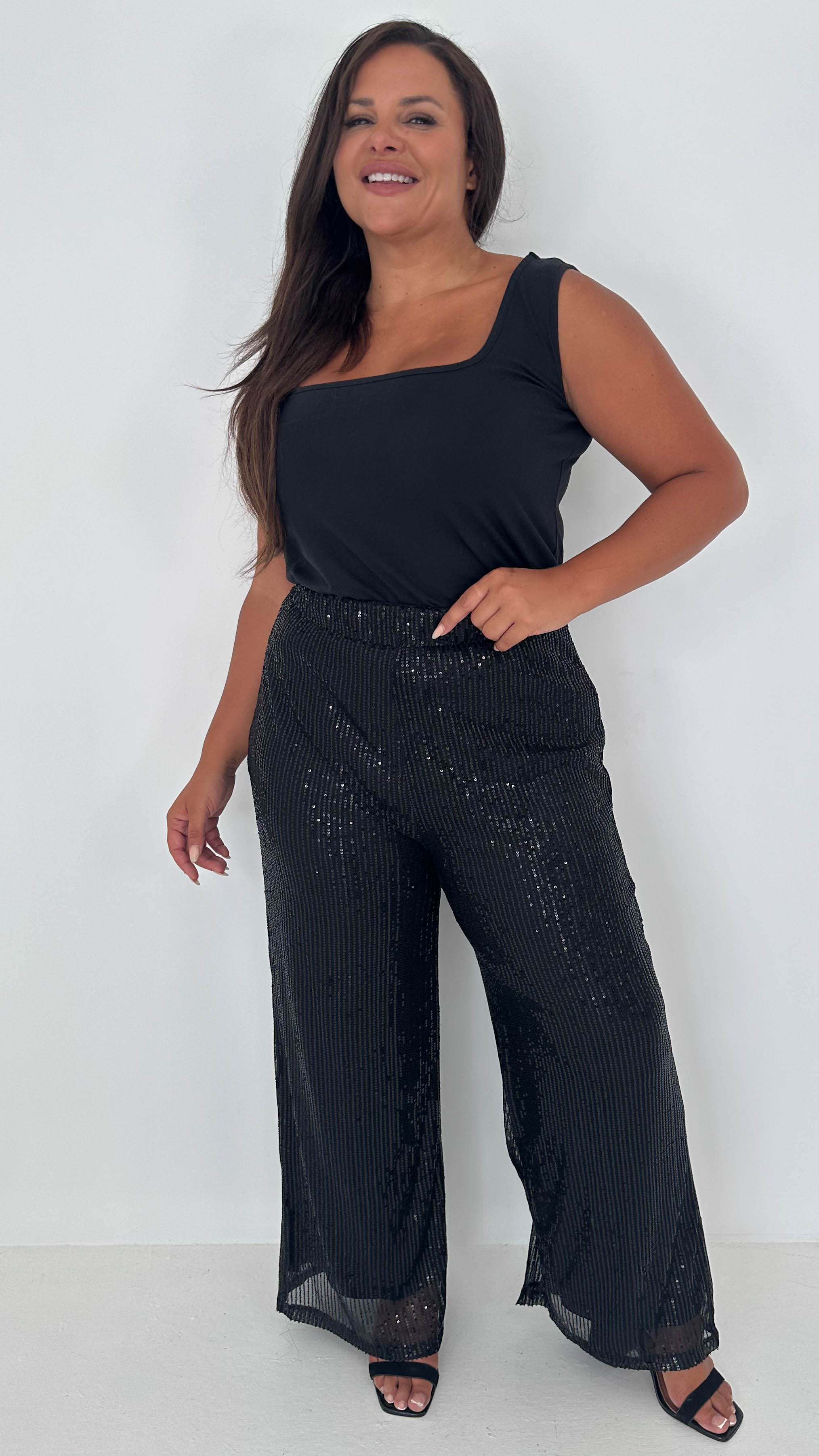 CurveWow Sequin Wide Leg Trouser Black - Image 3