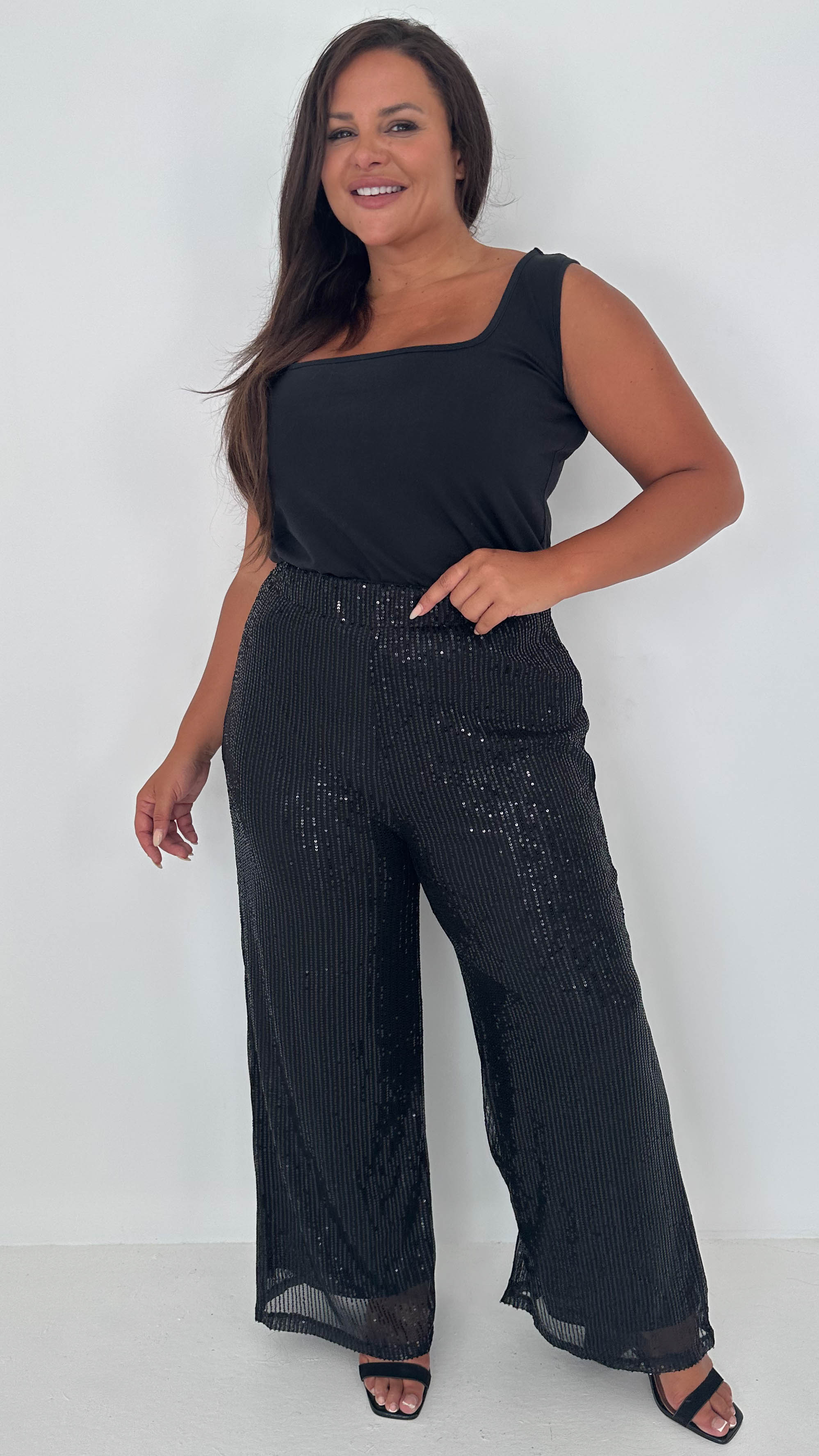 CurveWow Sequin Wide Leg Trouser Black - Image 4