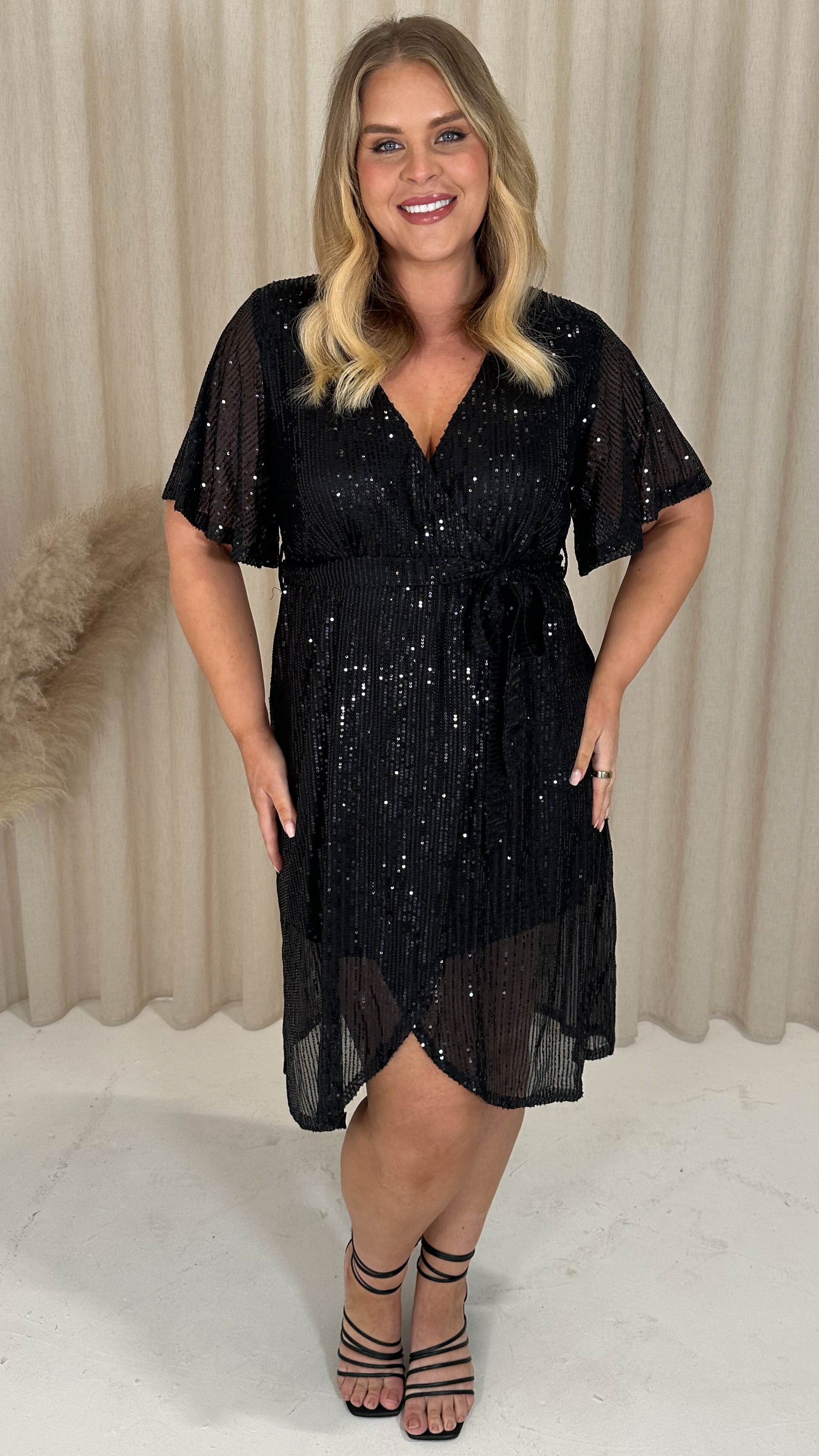 CurveWow Sequin Wrap Dress Black - Image 3