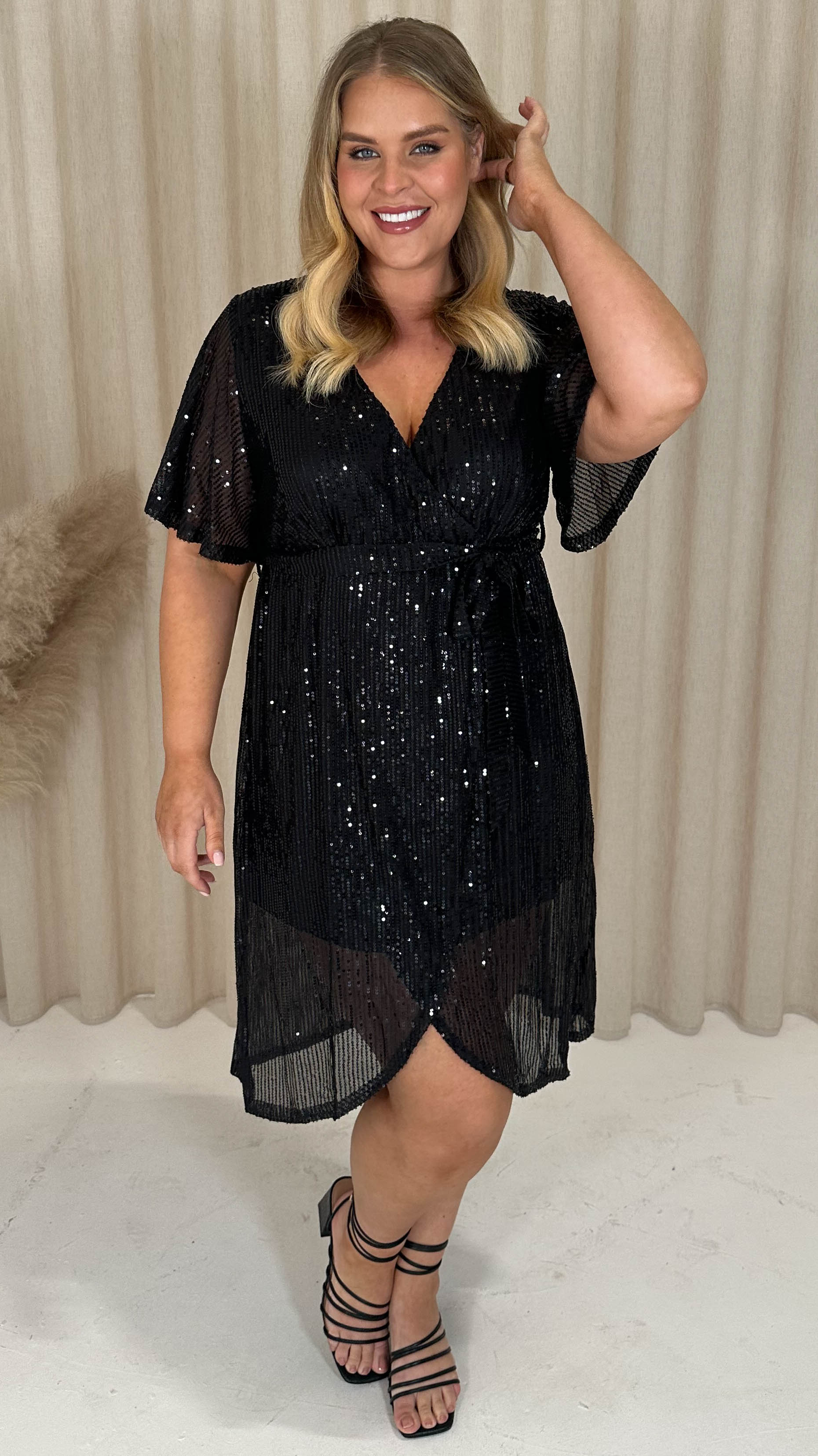 CurveWow Sequin Wrap Dress Black - Image 5