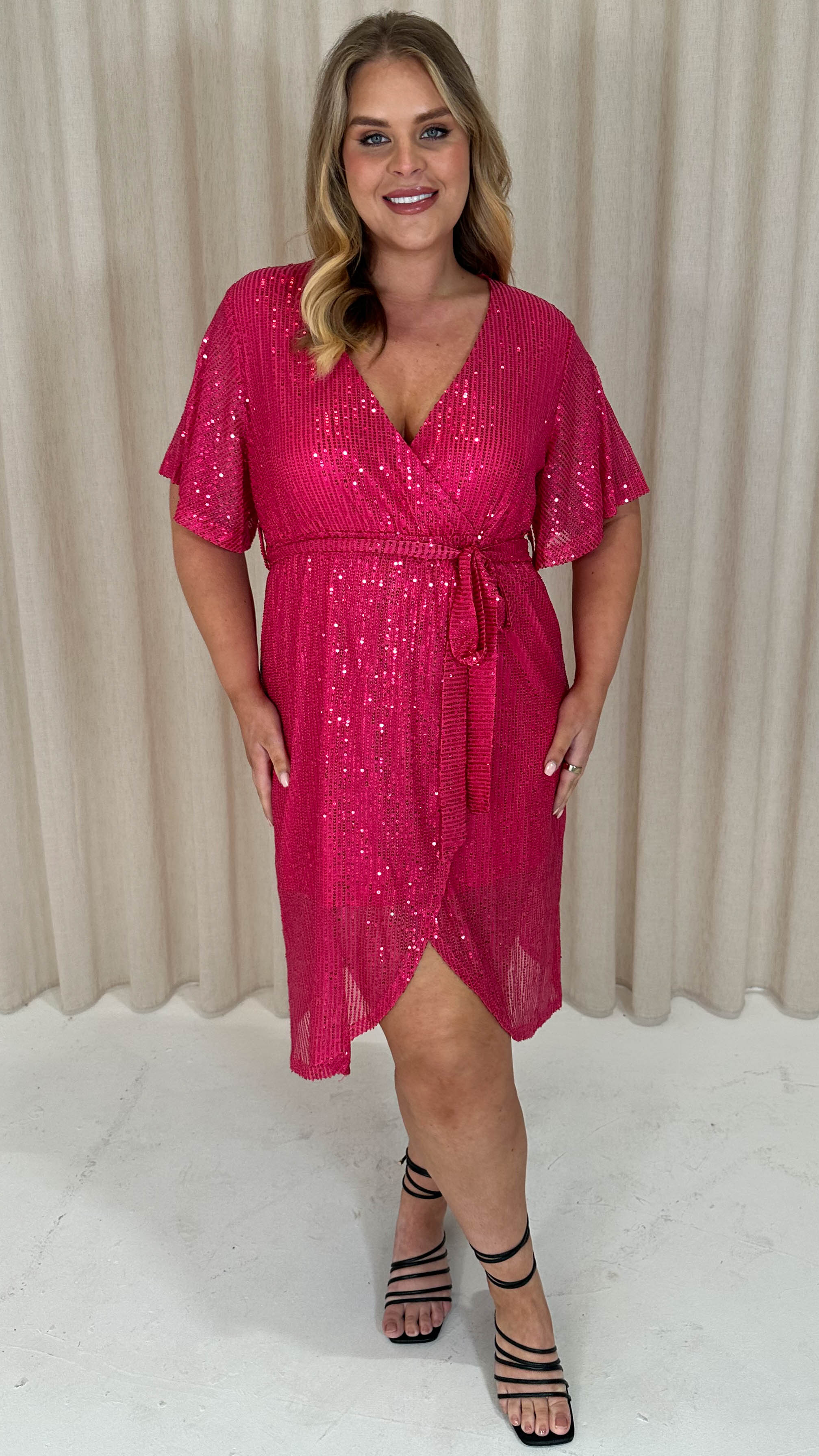 CurveWow Sequin Wrap Dress Raspberry Pink - Image 3