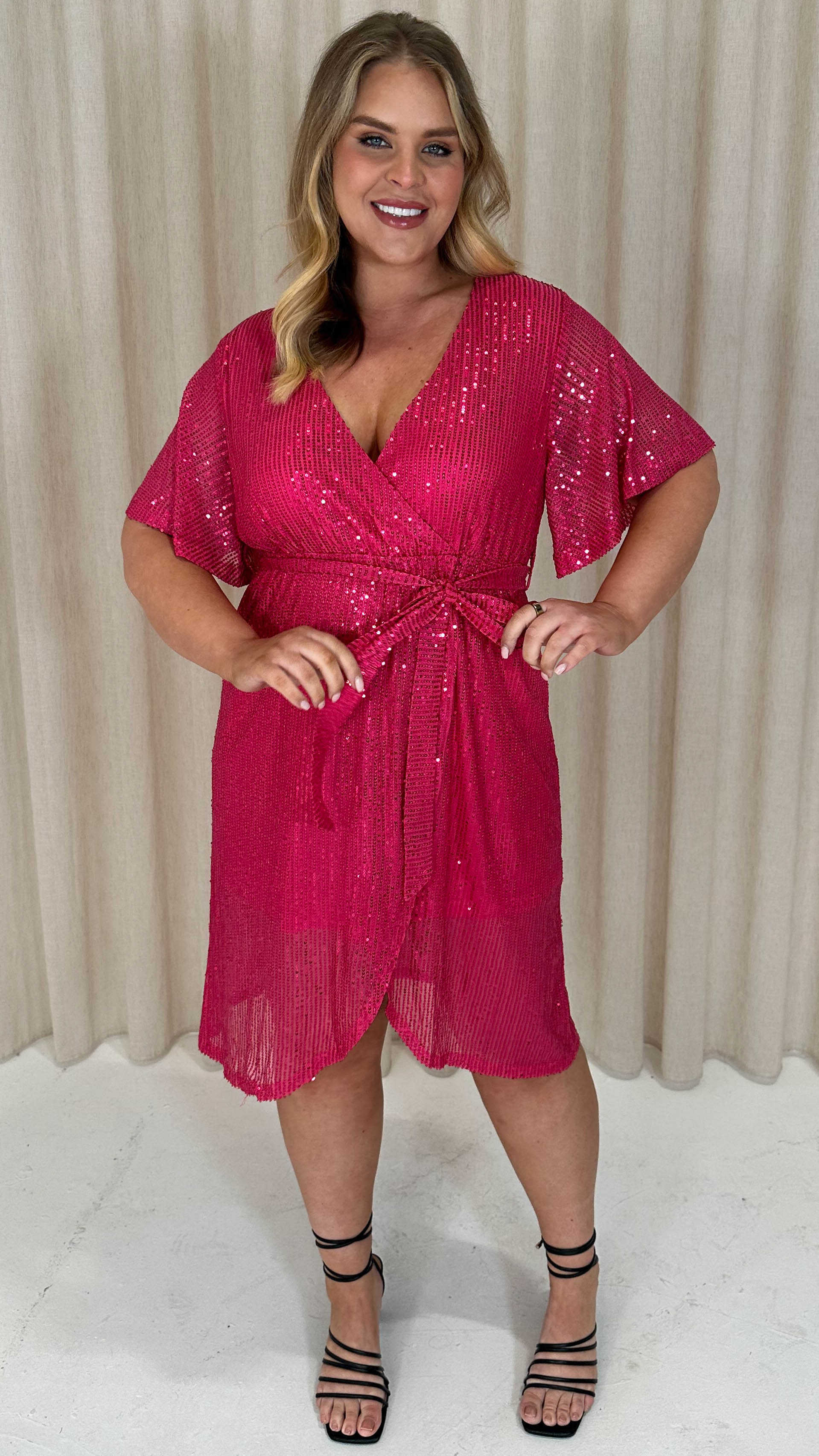 CurveWow Sequin Wrap Dress Raspberry Pink - Image 5