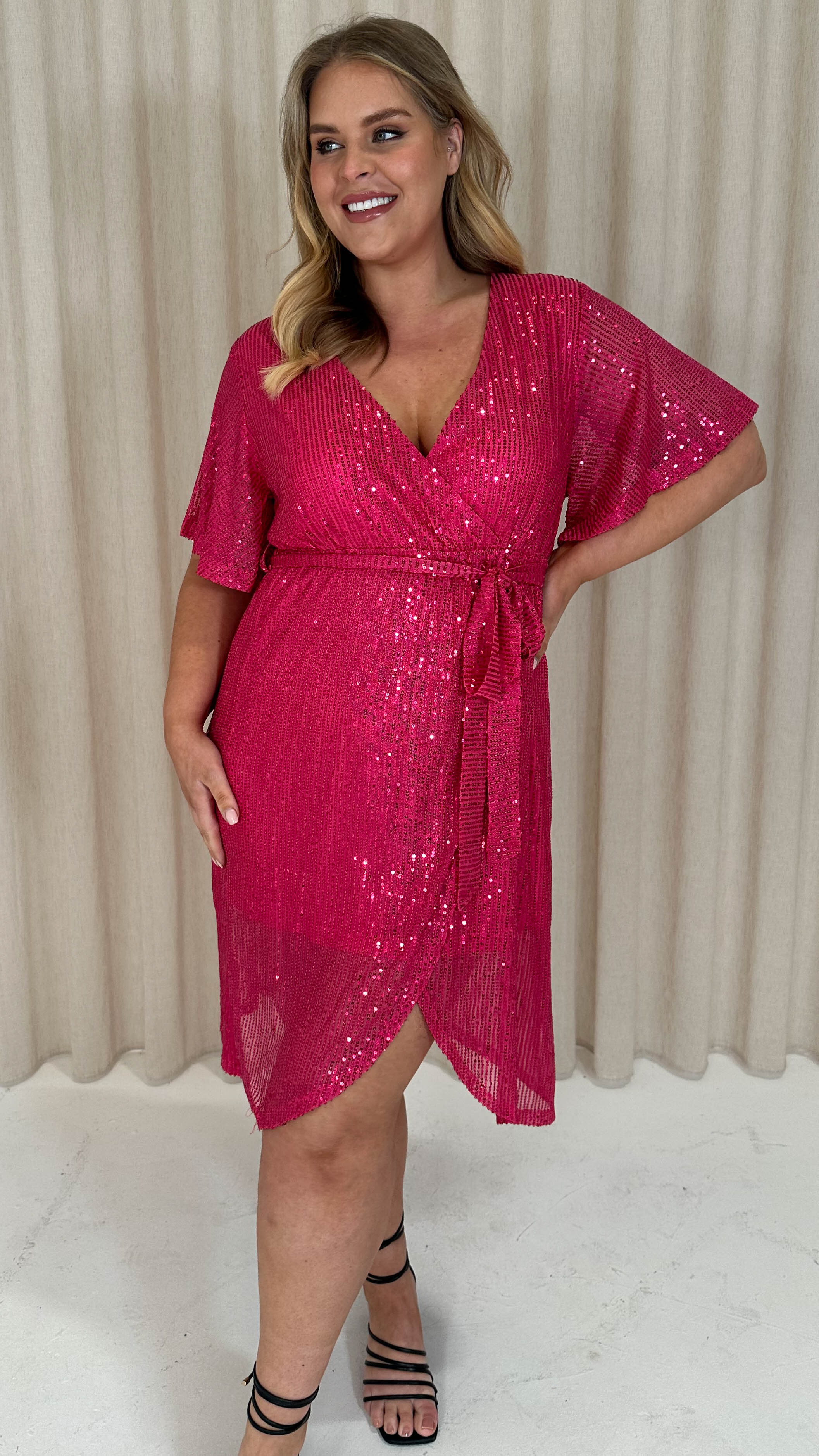 CurveWow Sequin Wrap Dress Raspberry Pink - Image 6