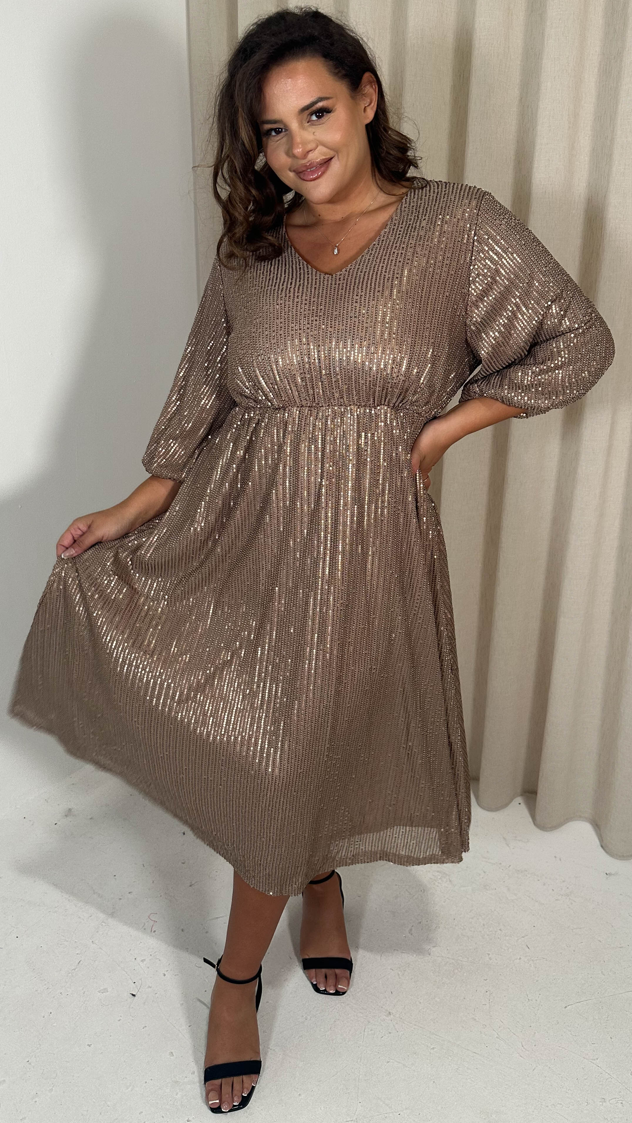 CurveWow Sequin V Neck Skater Dress Copper - Image 3