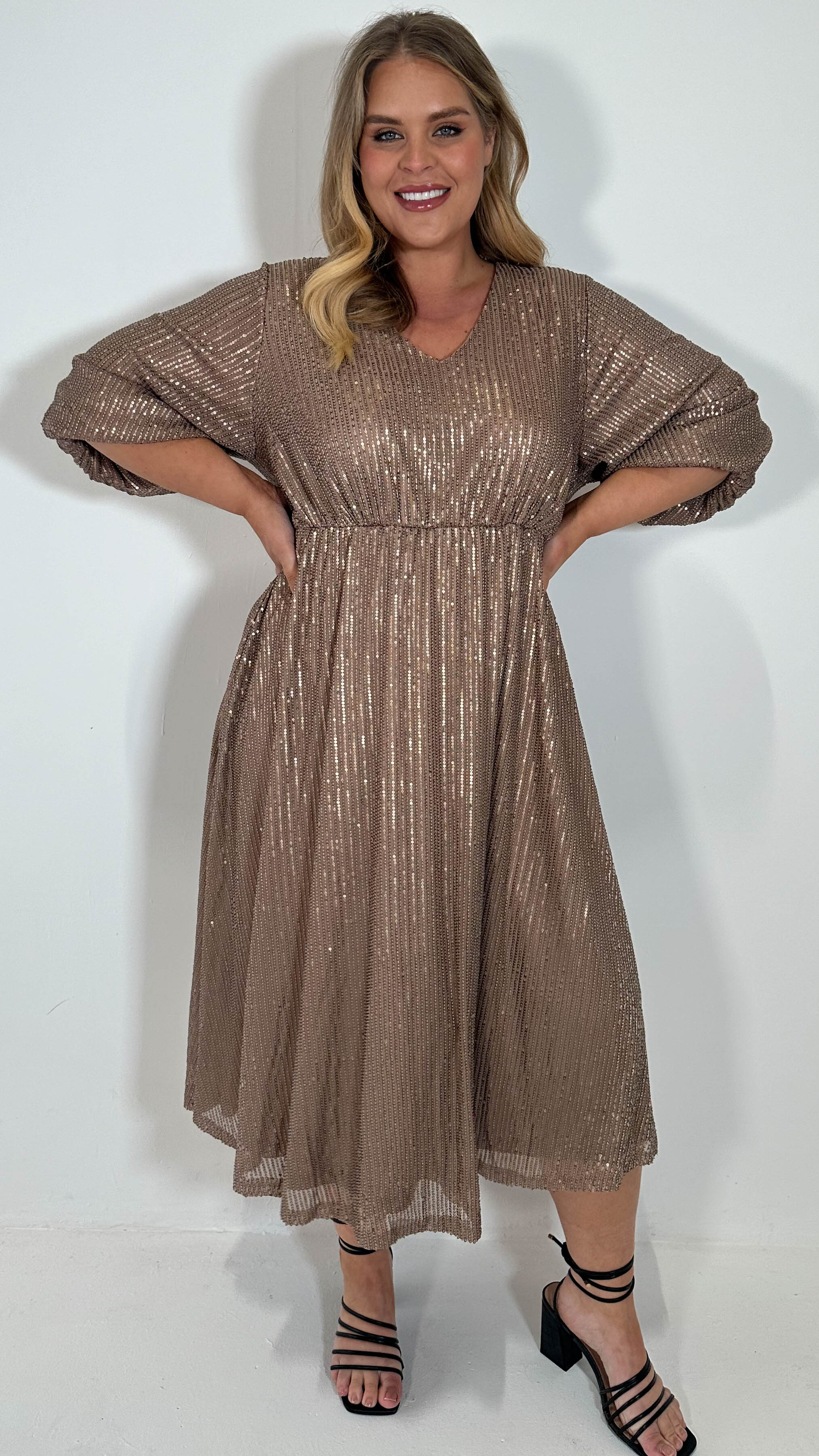 CurveWow Sequin V Neck Skater Dress Copper - Image 6