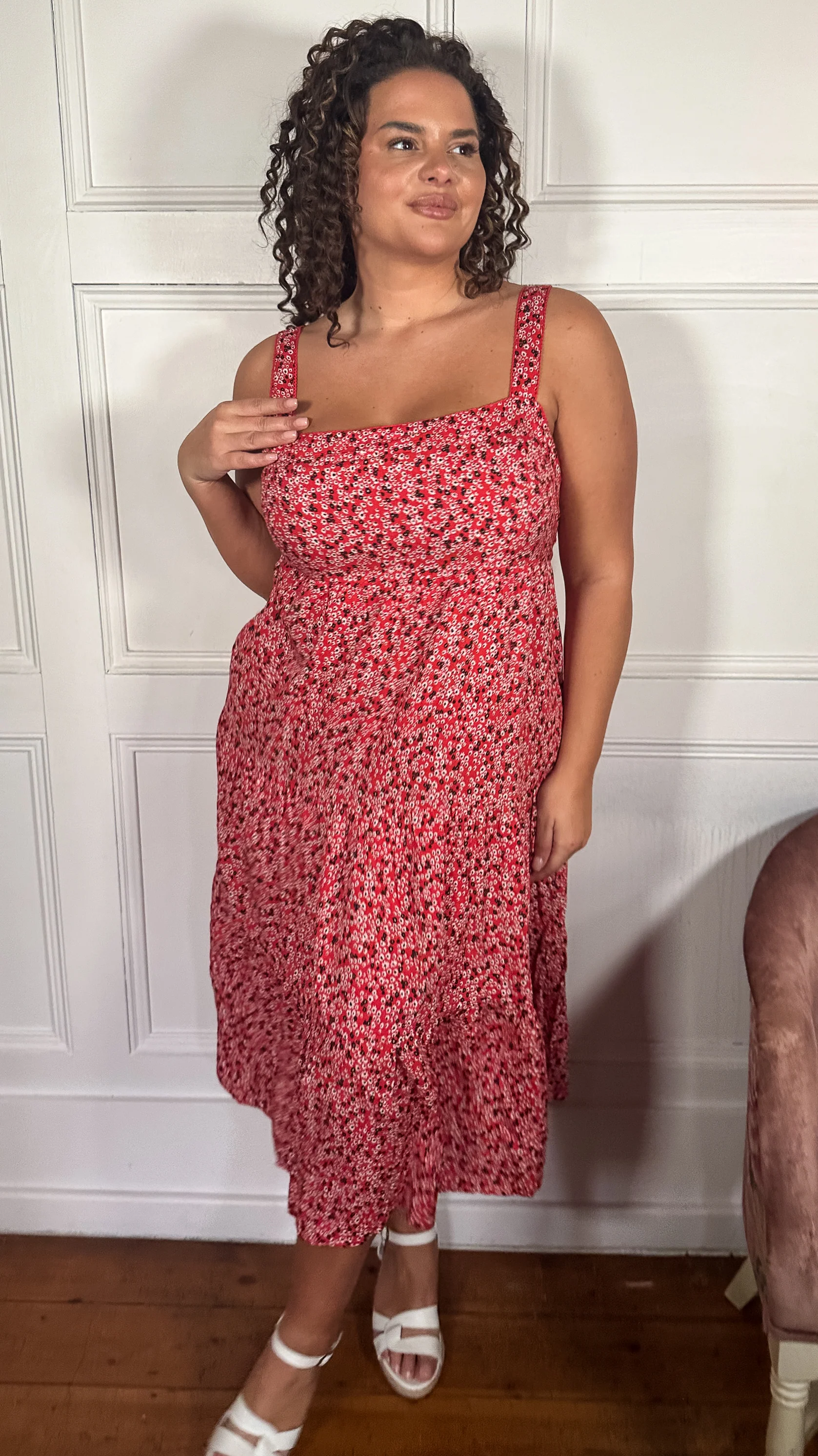 CurveWow Tiered Cami Dress Red Ditsy - Image 5