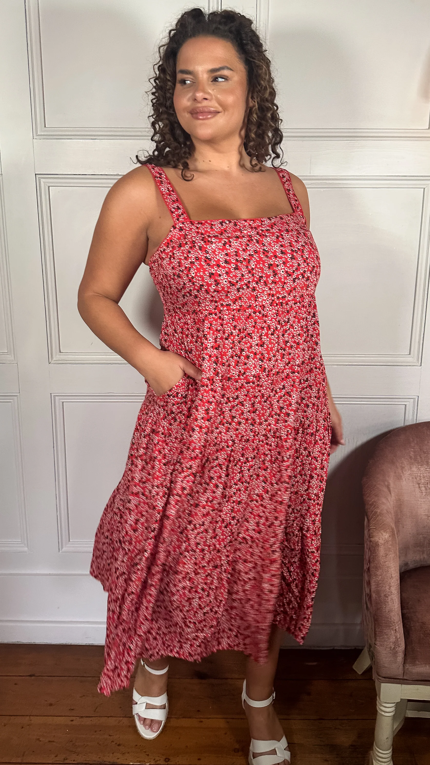 CurveWow Tiered Cami Dress Red Ditsy - Image 7