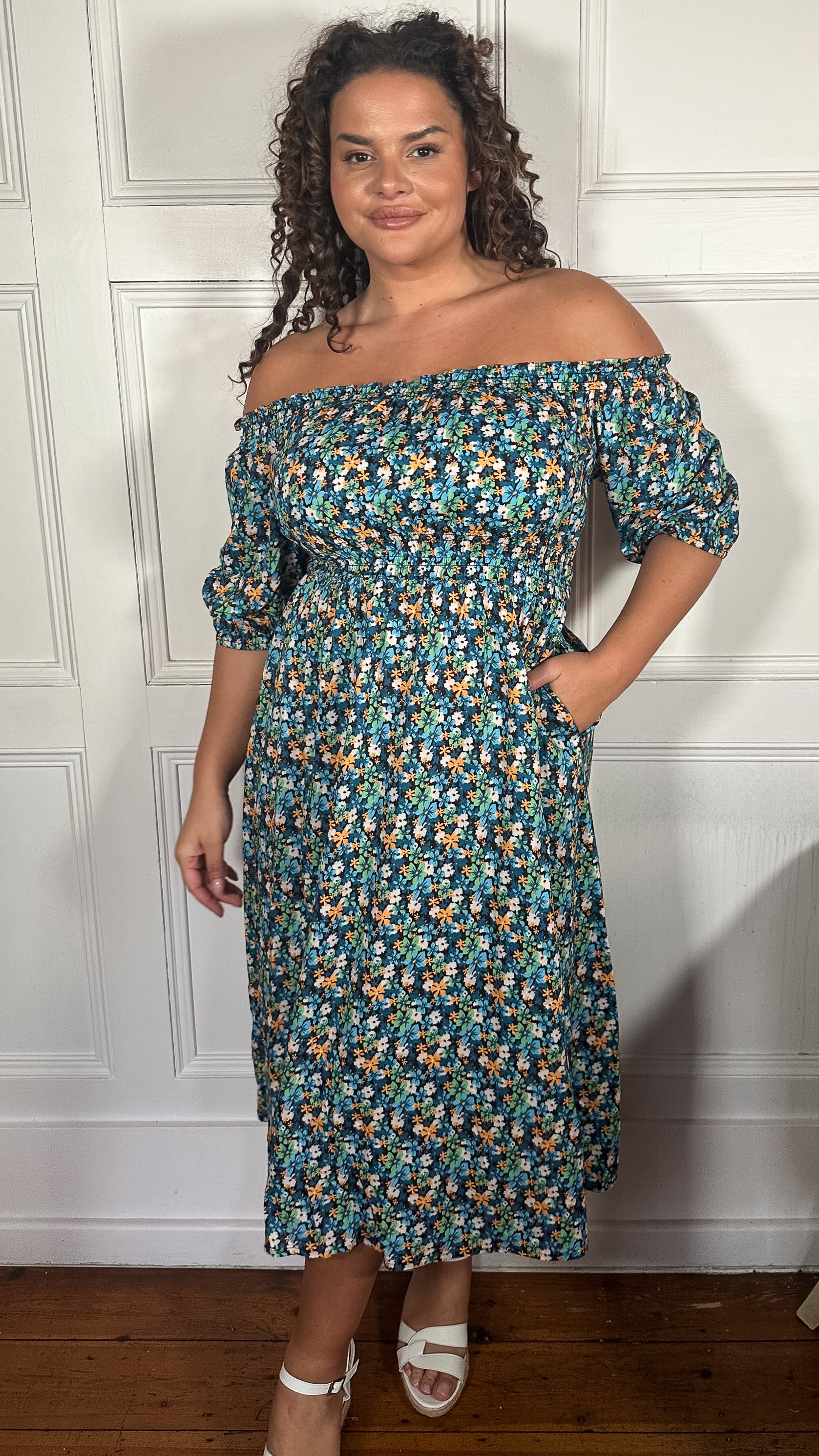CurveWow Shirred Bardot ¾ Sleeve Midi Dress Multi Floral - Image 3