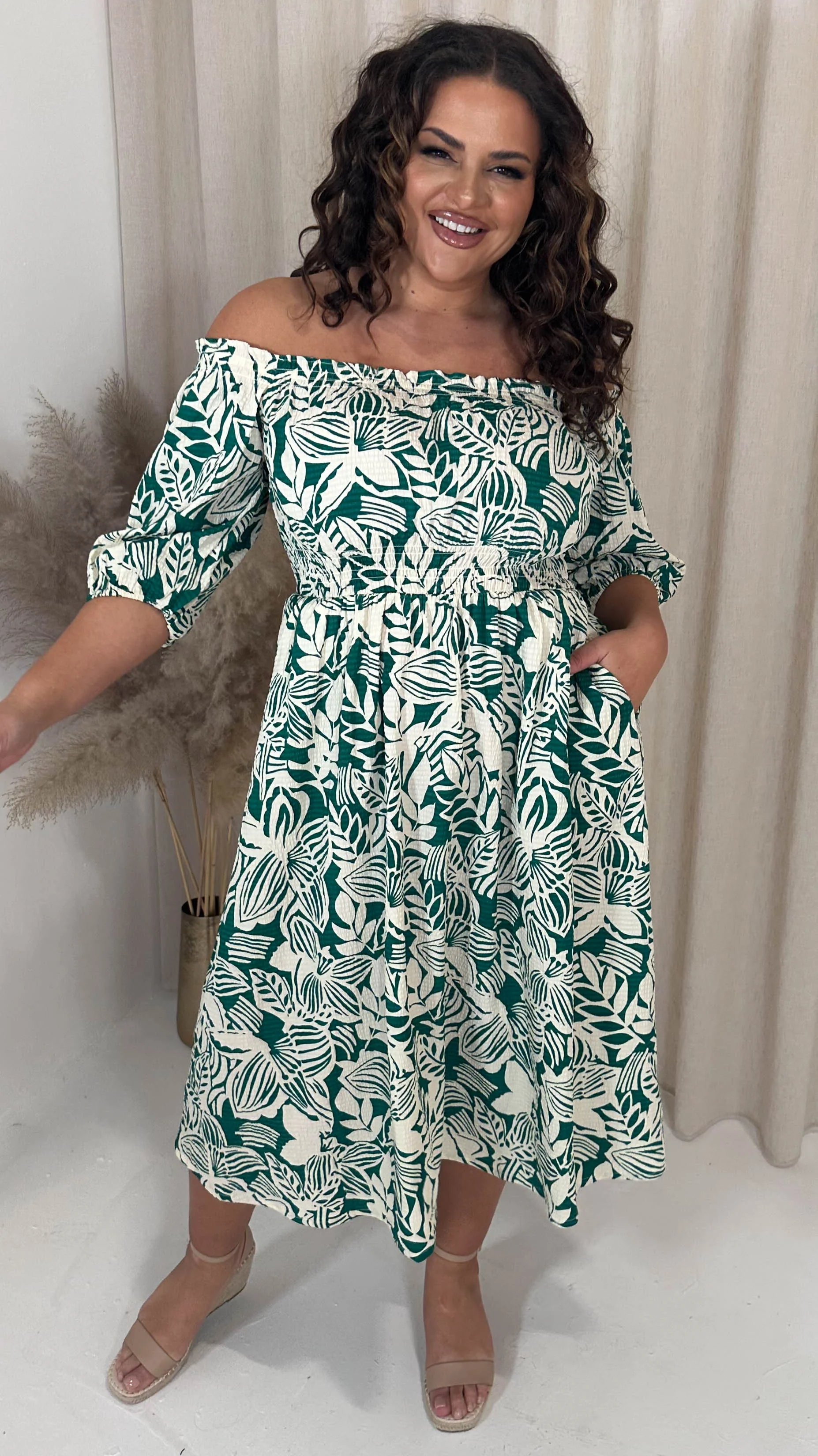 CurveWow Shirred Bardot ¾ Sleeve Midi Dress Teal Green Floral - Image 5