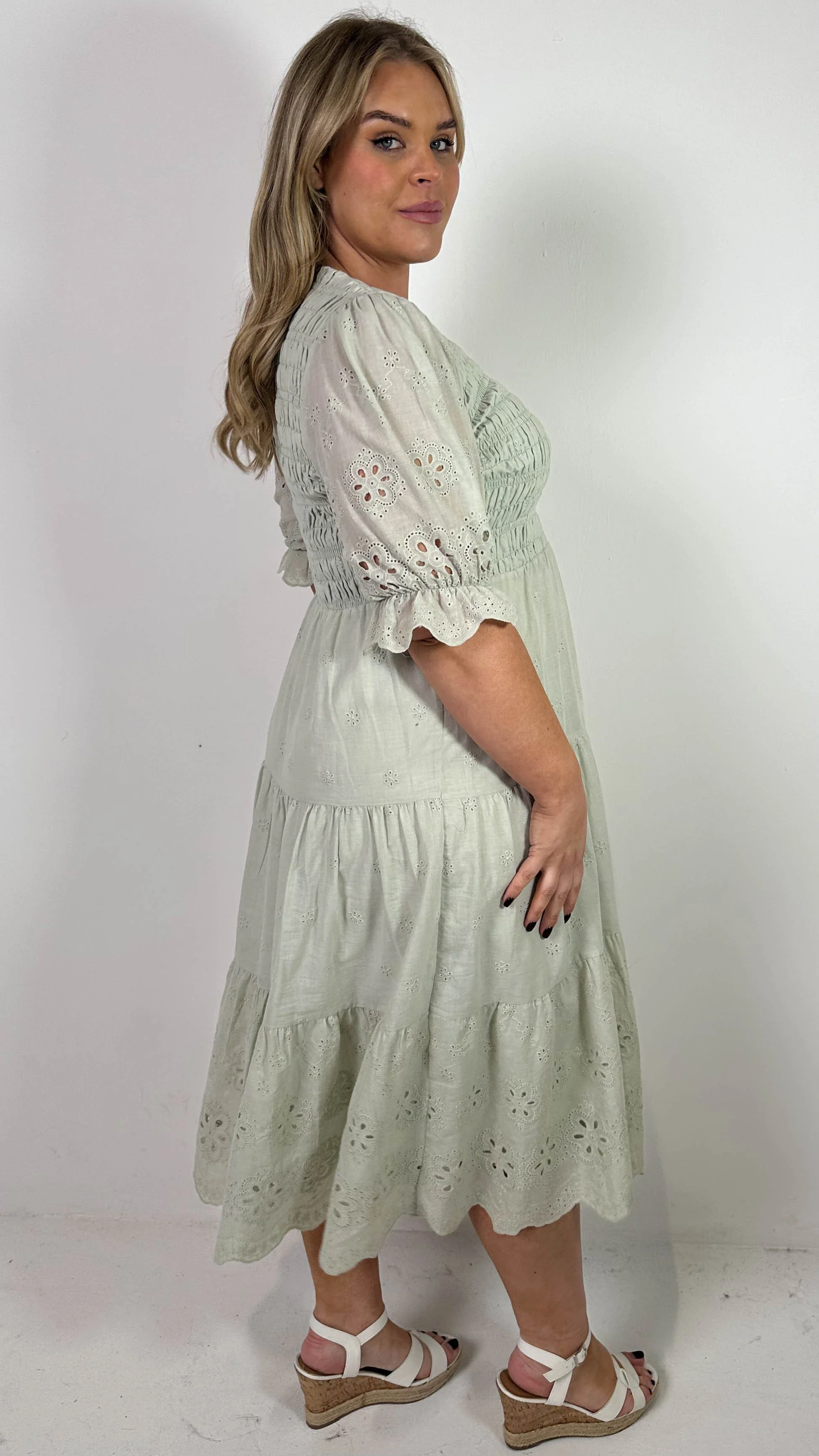 CurveWow Shirred Broderie Tea Dress Stone - Image 6