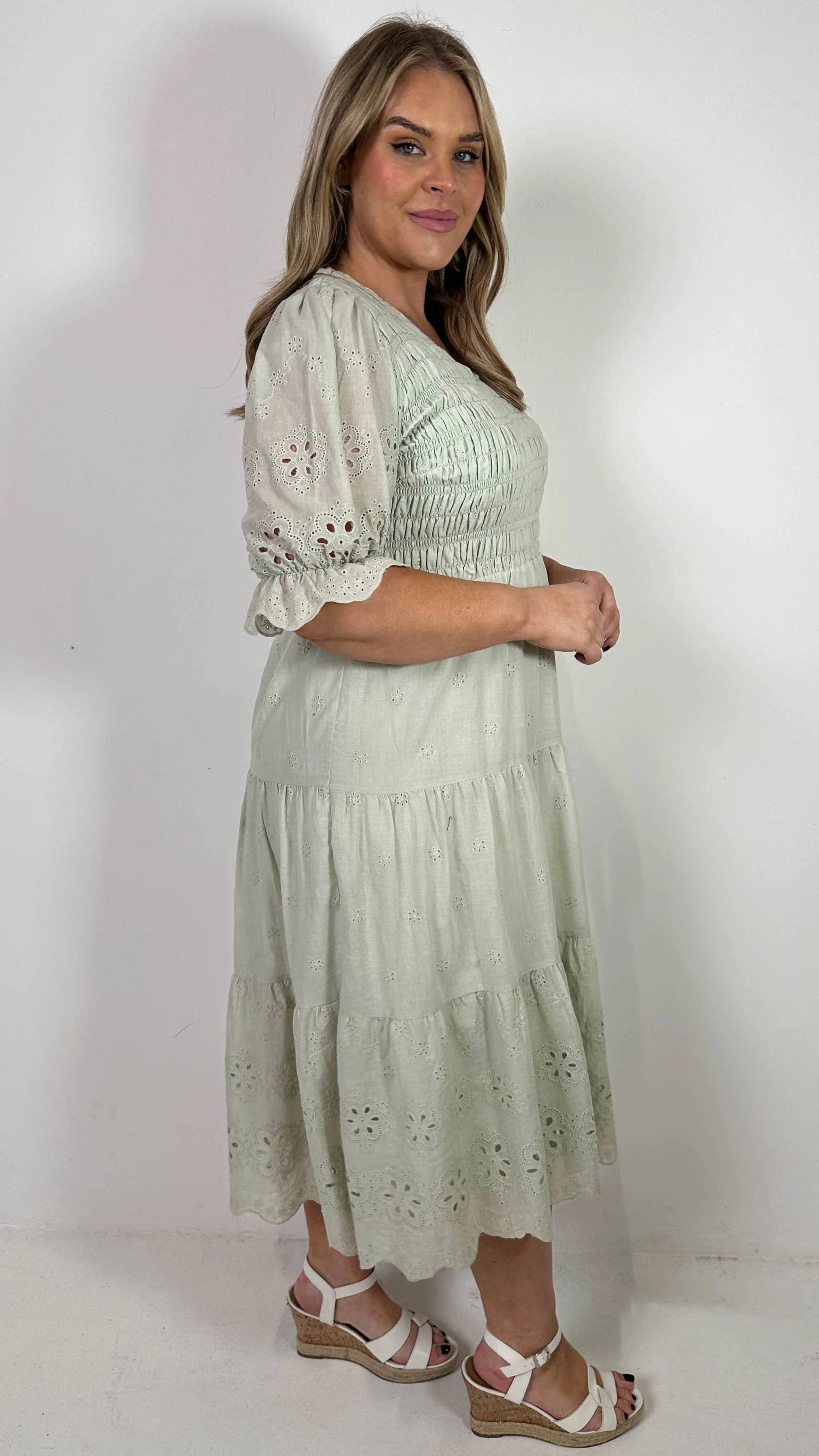 CurveWow Shirred Broderie Tea Dress Stone - Image 7