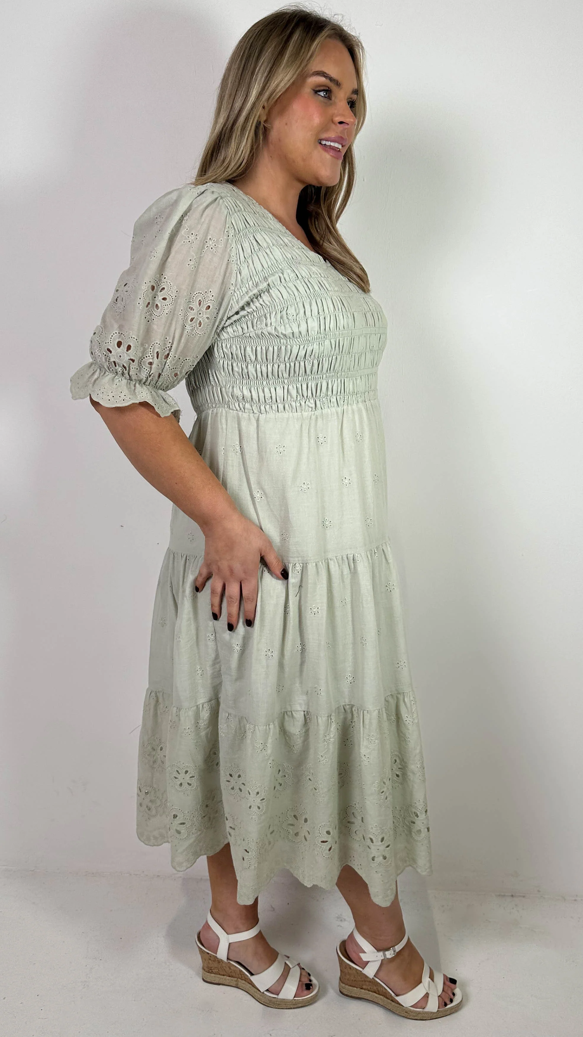 CurveWow Shirred Broderie Tea Dress Stone - Image 8