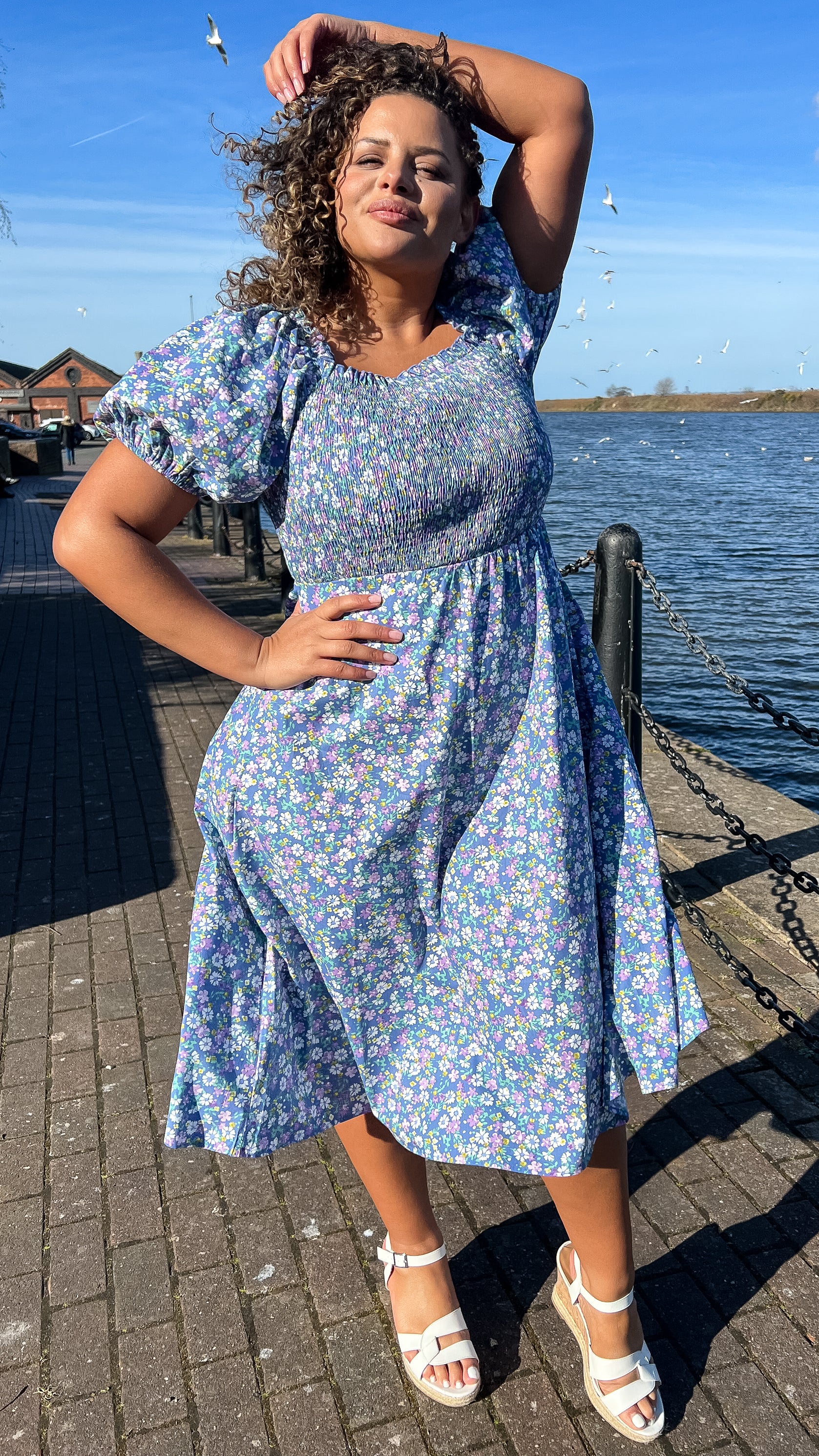 CurveWow Shirred Midi Dress Blue Multi Floral