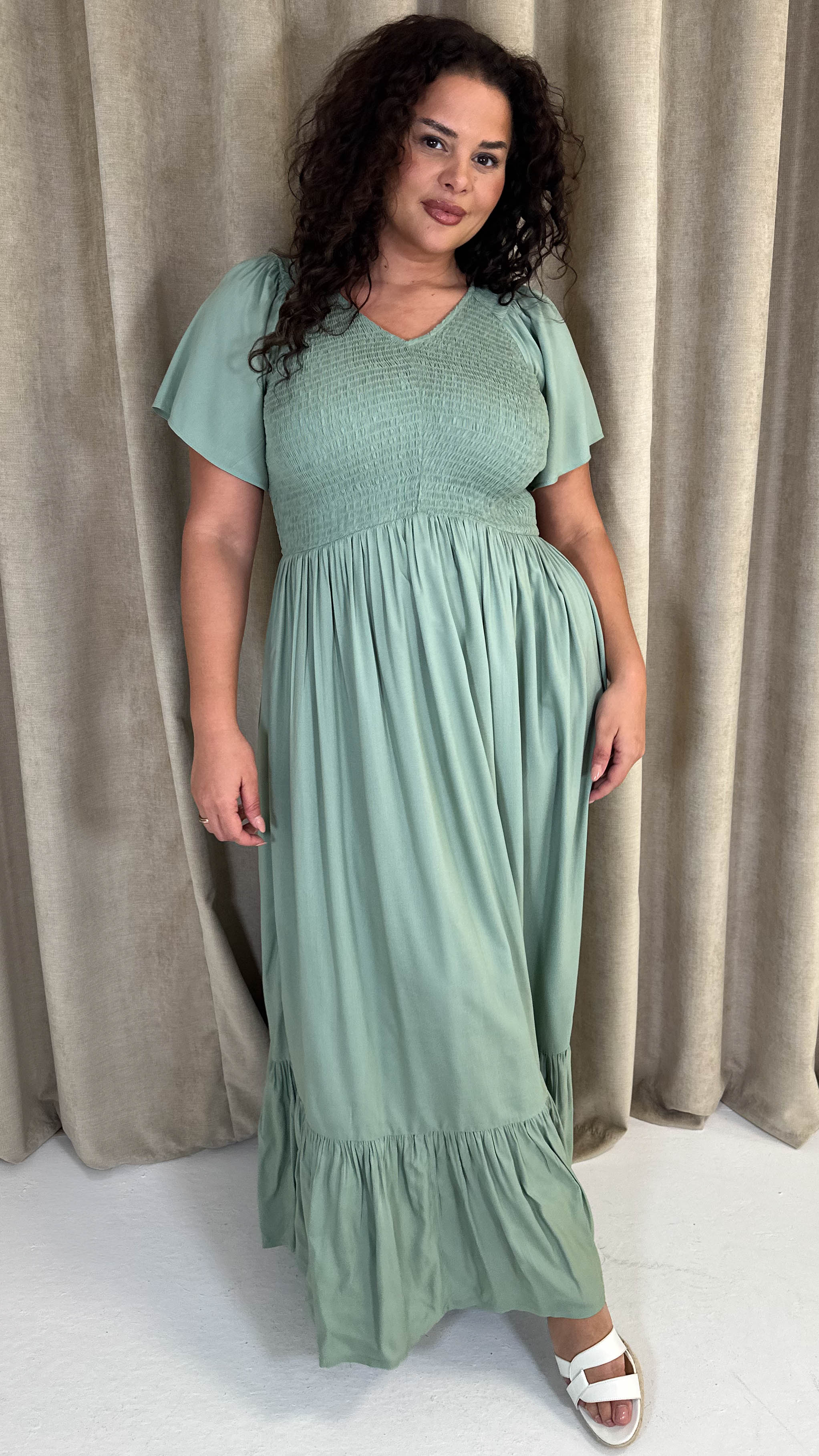 CurveWow Shirred Top Angel Sleeve Maxi Dress Sage Green - Image 3