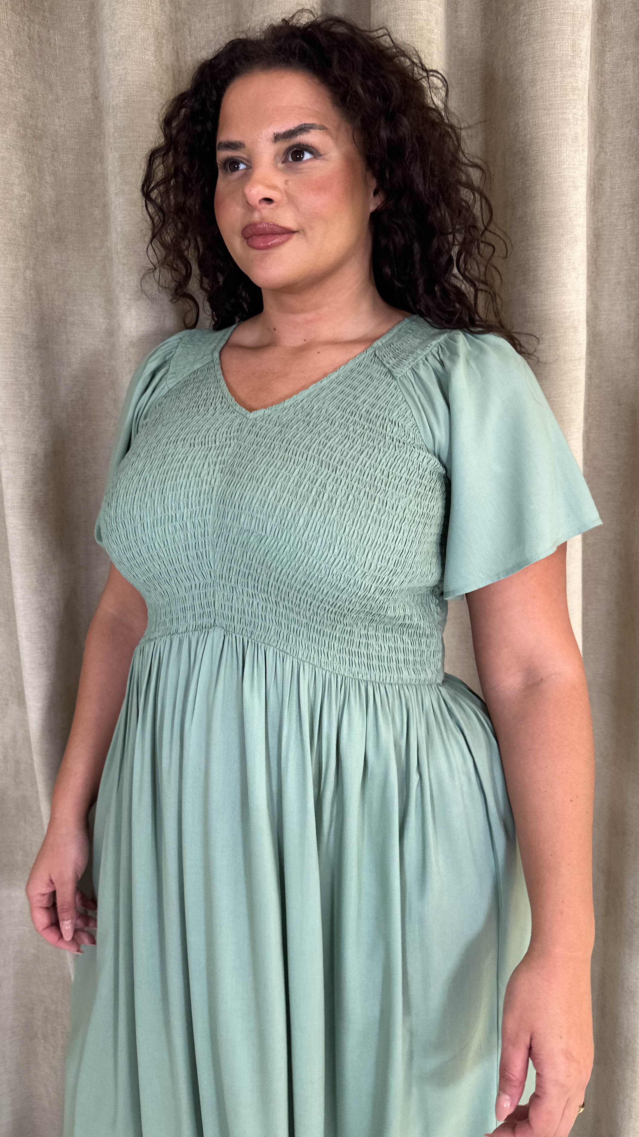 CurveWow Shirred Top Angel Sleeve Maxi Dress Sage Green - Image 4
