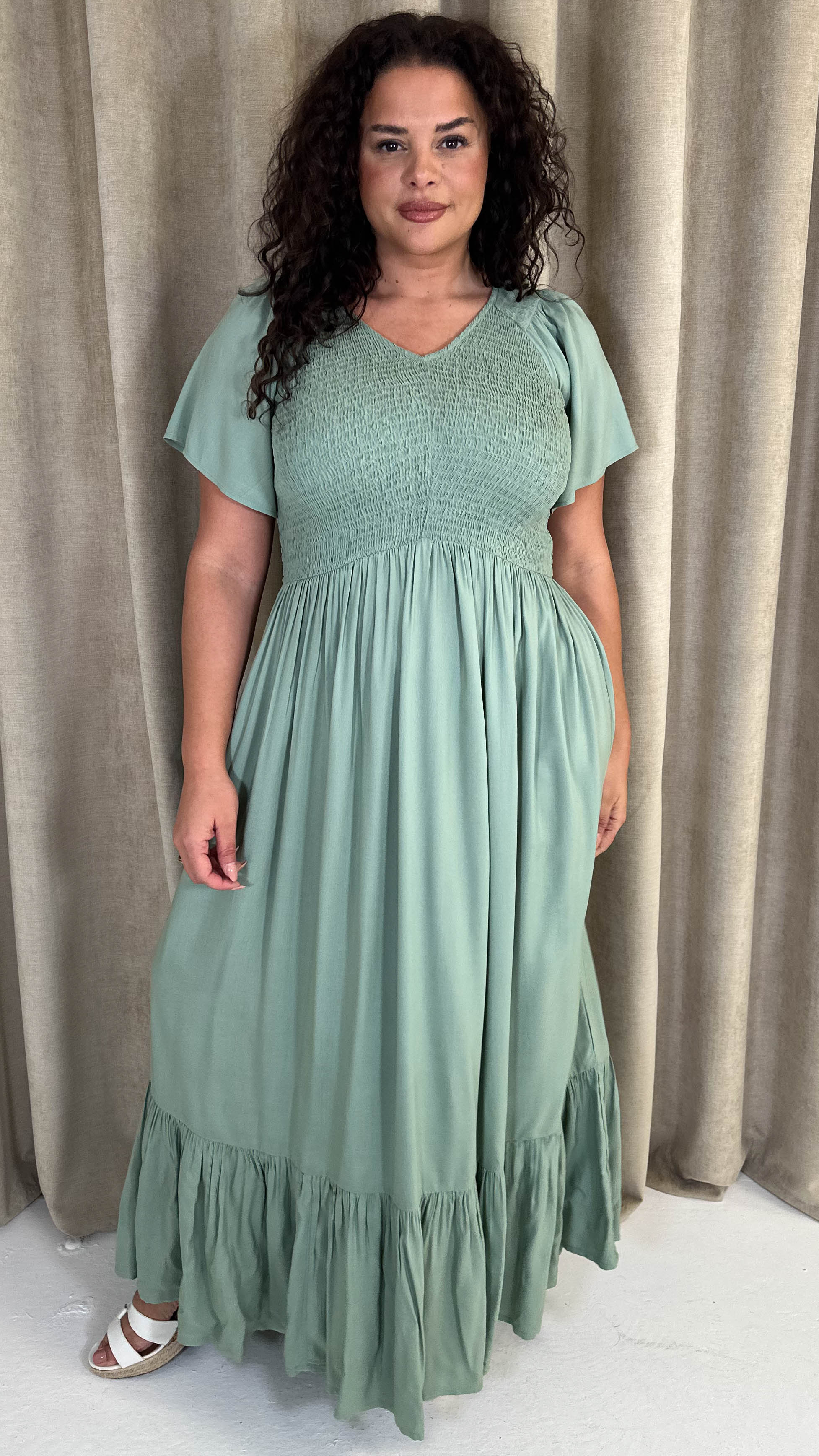 CurveWow Shirred Top Angel Sleeve Maxi Dress Sage Green - Image 5