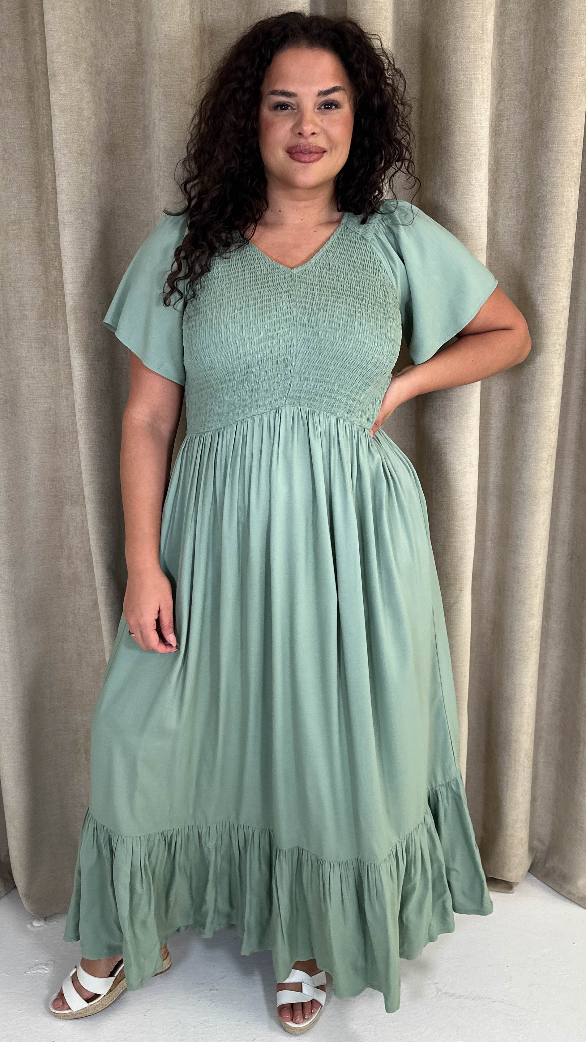 CurveWow Shirred Top Angel Sleeve Maxi Dress Sage Green - Image 6