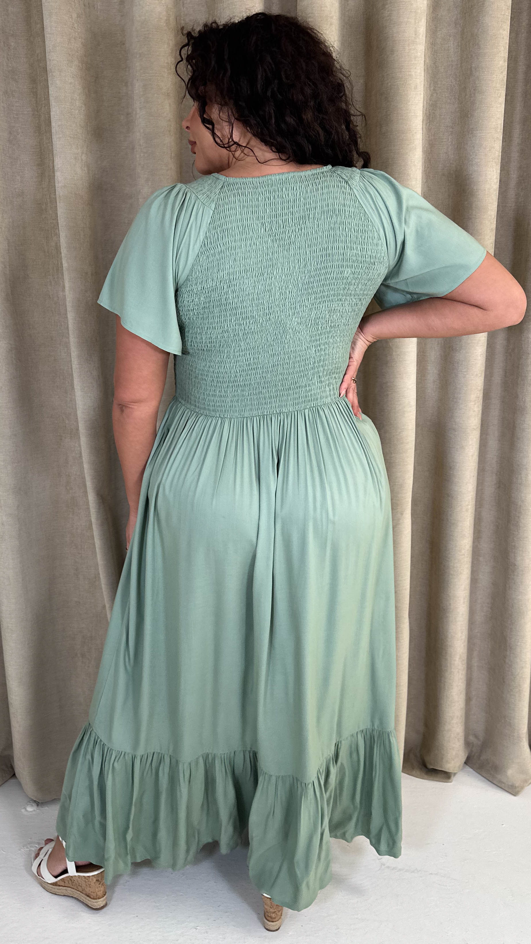 CurveWow Shirred Top Angel Sleeve Maxi Dress Sage Green - Image 7