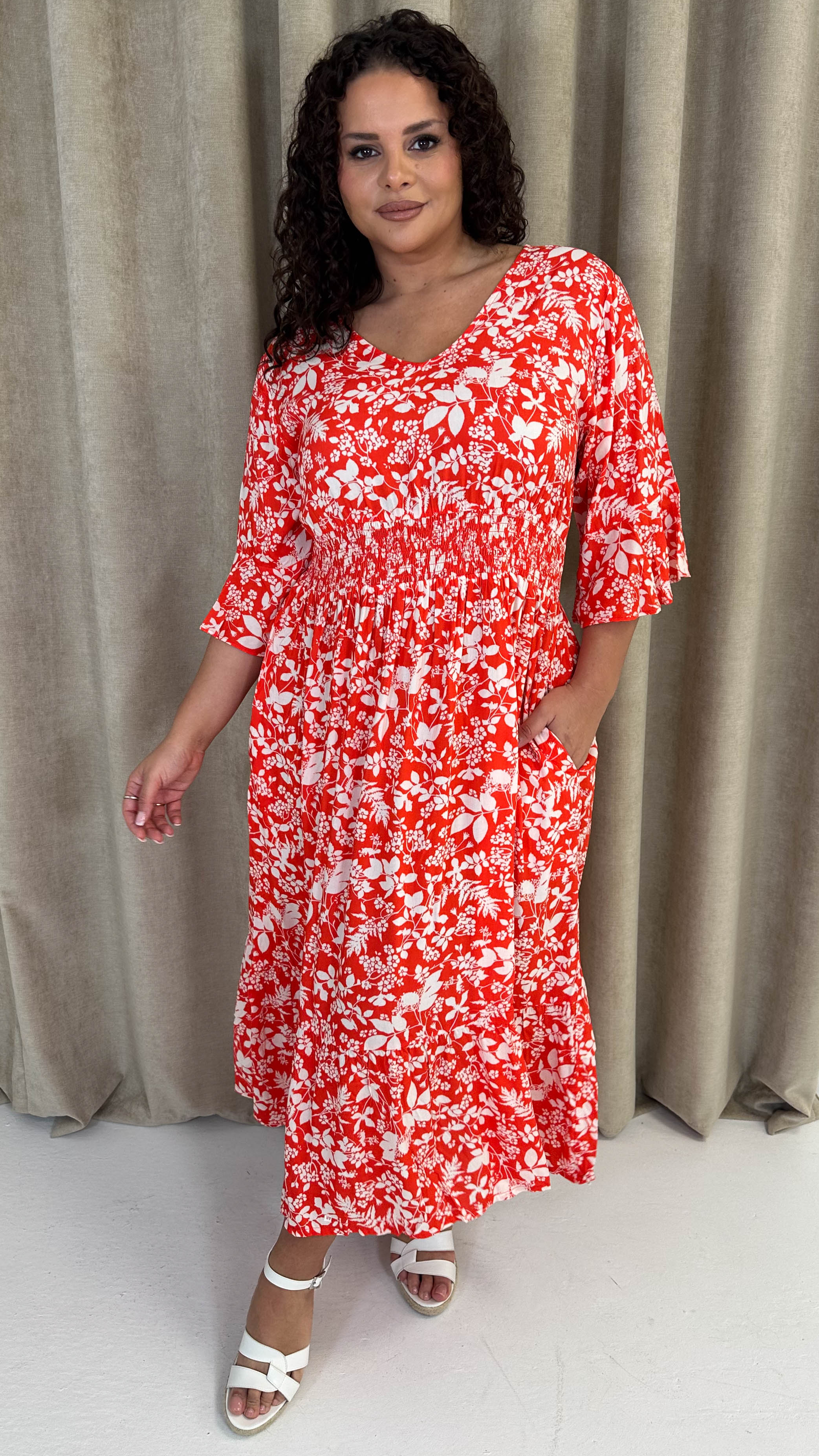 CurveWow Shirred Waist Frill Hem Sleeve Midi Dress Red Floral - Image 4
