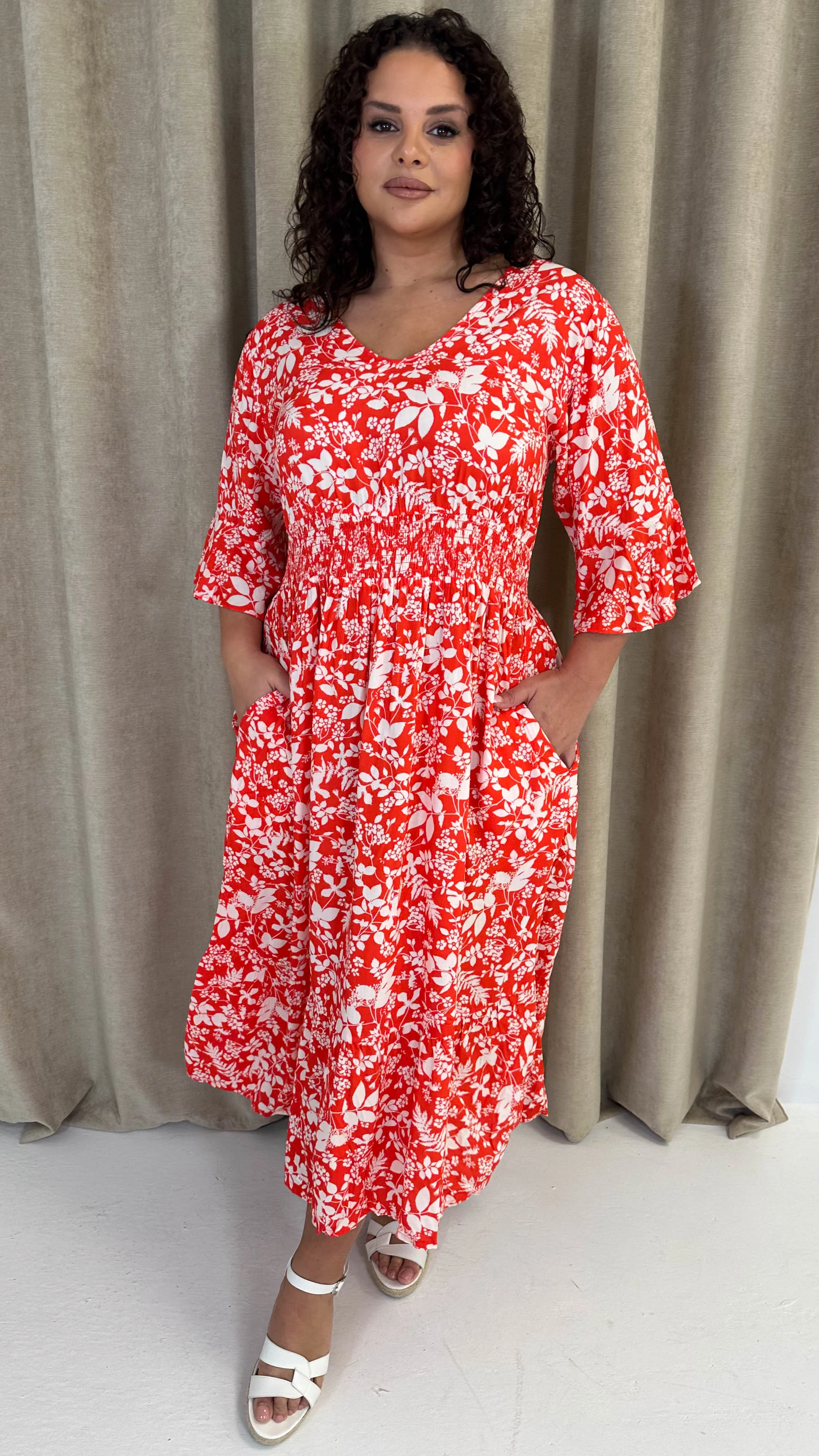 CurveWow Shirred Waist Frill Hem Sleeve Midi Dress Red Floral - Image 5