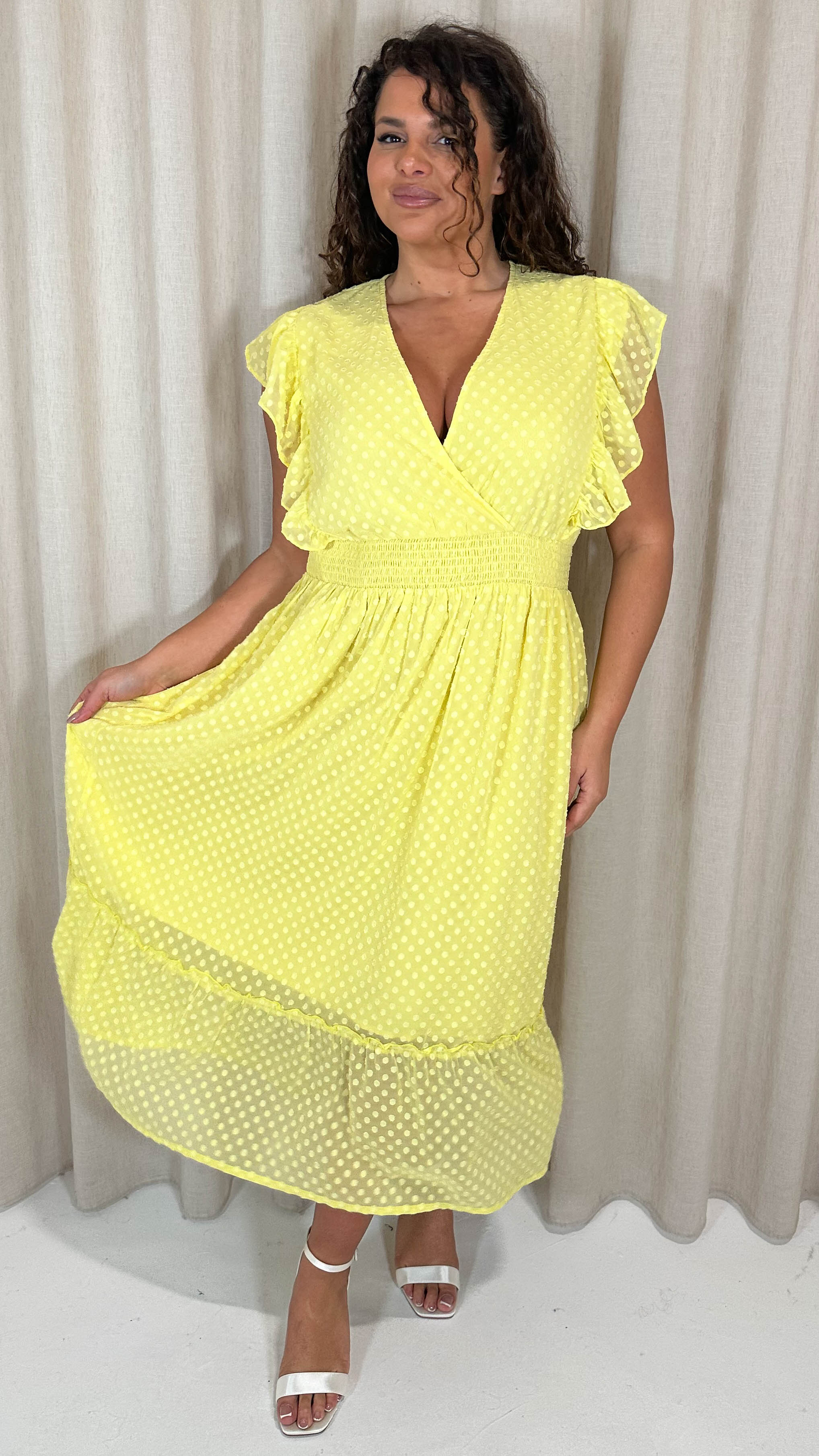 CurveWow Shirred Waist Frill Maxi Dress Lemon - Image 5