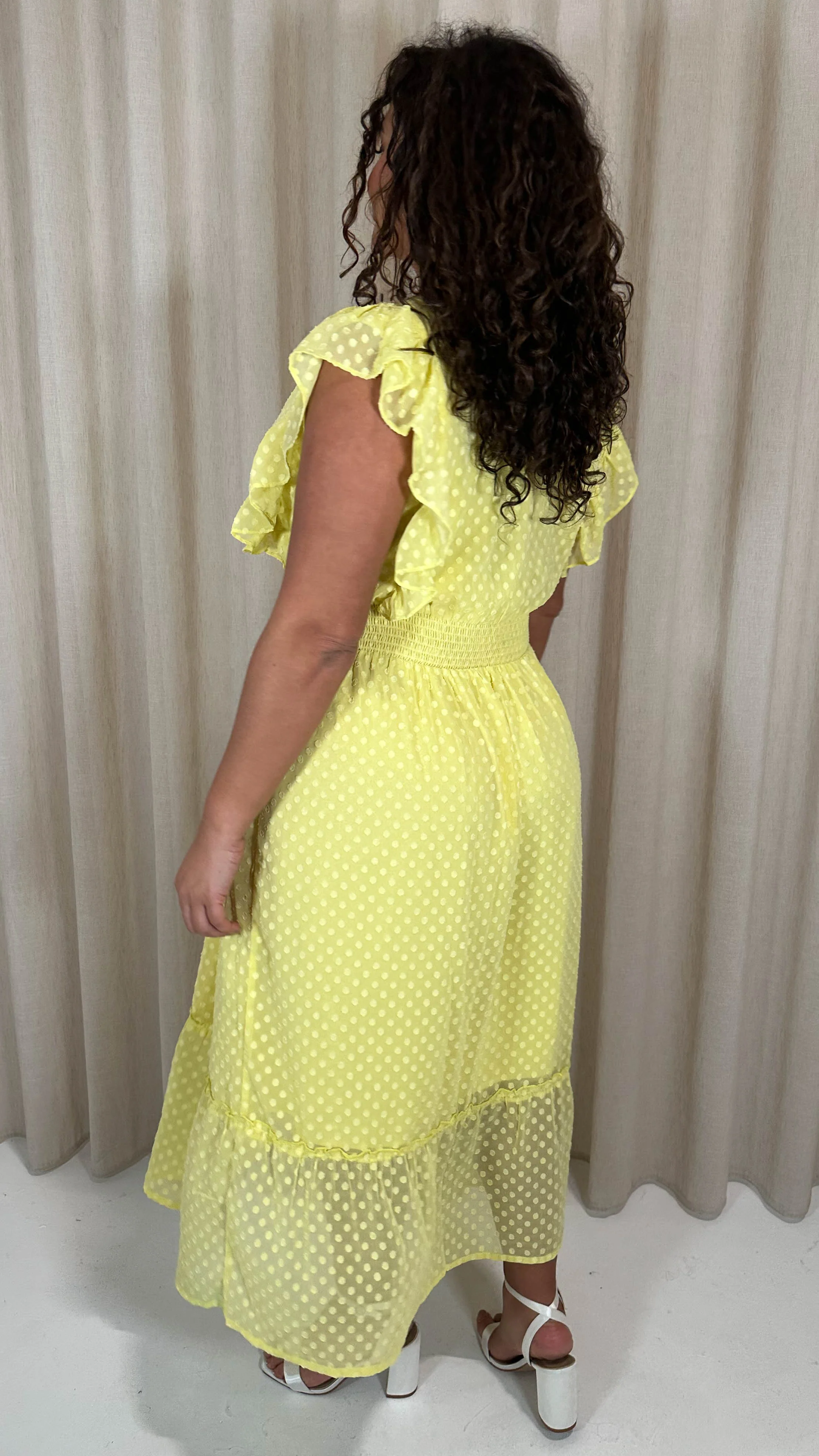 CurveWow Shirred Waist Frill Maxi Dress Lemon - Image 6
